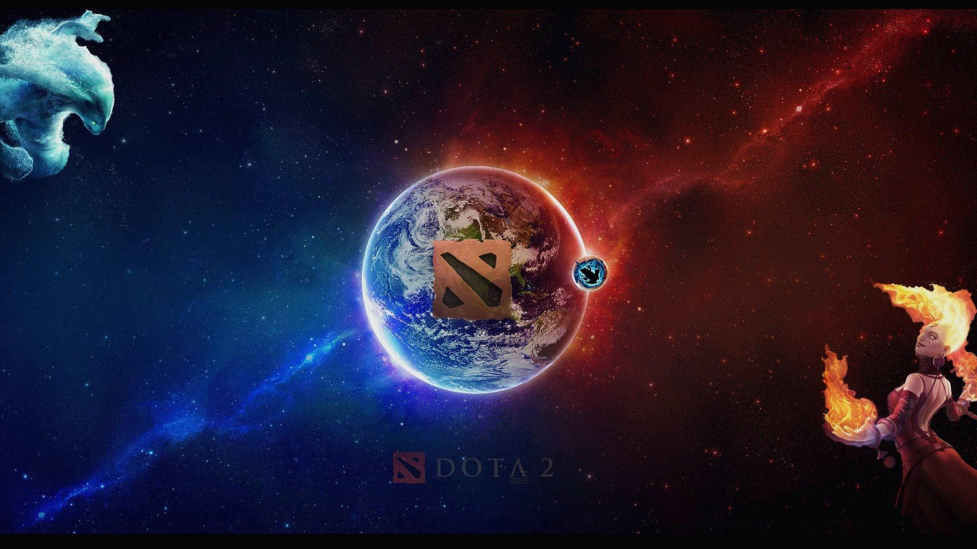 電玩遊戲 桌布 壁紙 — 一個宇宙場景，地球上有Dota 2標誌重疊，兩側是火焰英雄和幽靈般的人物，背景是星雲。
