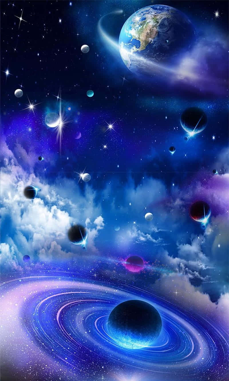 桌面 桌布 壁紙 — 一個宇宙場景，地球漂浮在星星、星雲和一個被旋轉藍色環包圍的發光黑洞之間。