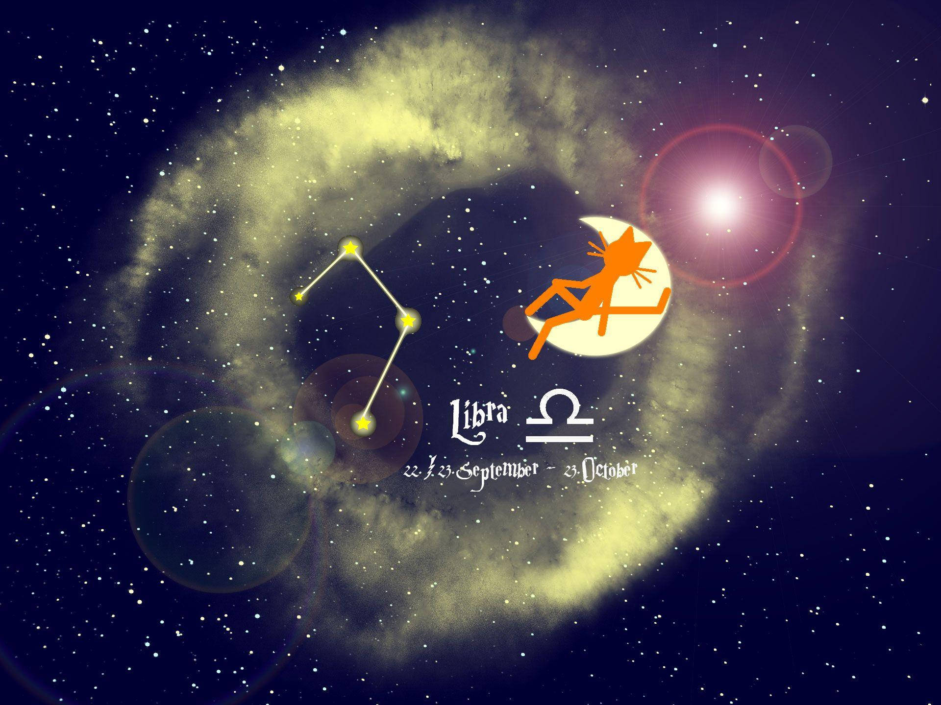 zodiac 桌布 壁紙 — 一個宇宙場景，天秤座星座和星座符號在星雲和鏡頭光暈中發光。