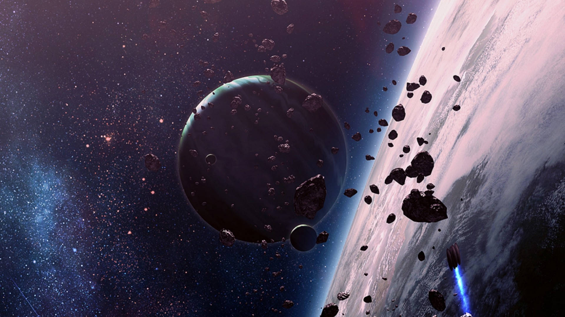 宇宙 桌布 壁紙 — 一個宇宙場景，太空船在行星和小行星帶附近發射藍色推進器，背景是星光熠熠的星雲。