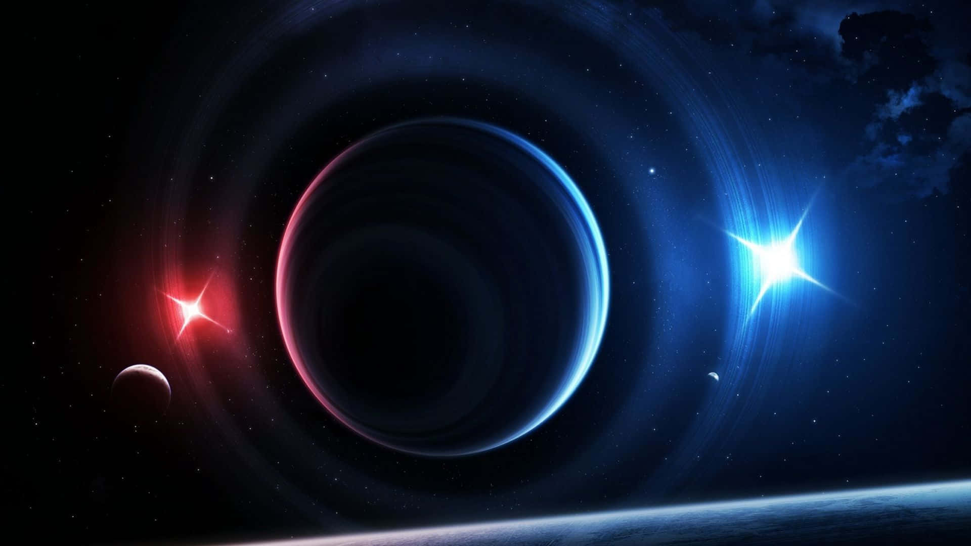 太陽系 桌布 壁紙 — 一個宇宙場景，展示一個發光的黑洞，被旋轉的吸積盤環繞，盤中有紅色和藍色的恆星和行星，位於深空。