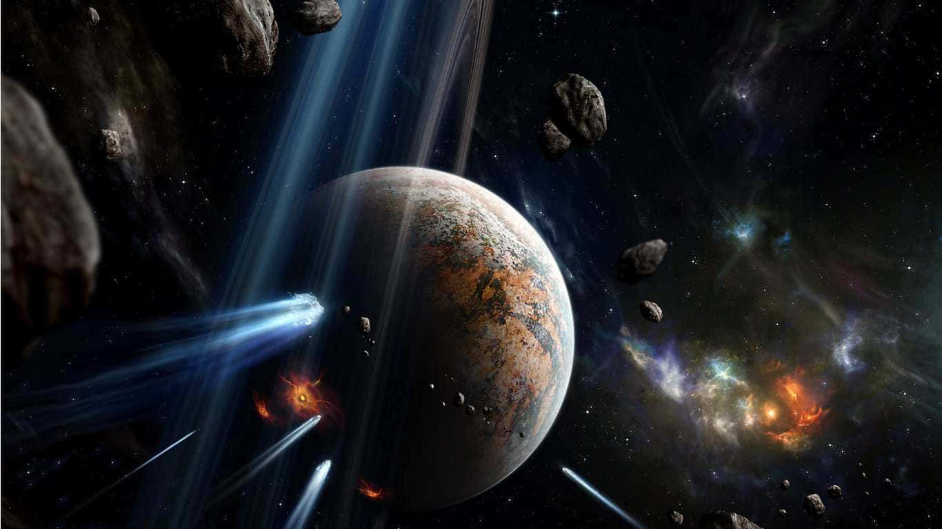 太空 桌布 壁紙 — 一個宇宙場景，展示了一顆崎嶇不平的行星，周圍環繞著小行星和發光的星雲，還有飛馳而過的太空船。
