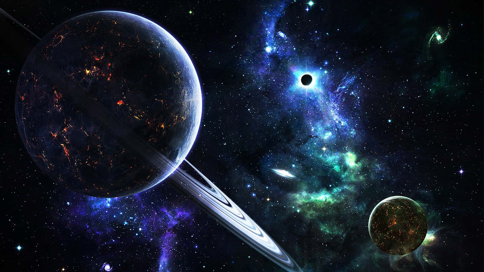 Galaxy Planet 桌布 壁紙 — 一個宇宙場景，展示了一顆帶光環的行星，上面有發光的熔岩流，背景是充滿活力的星雲和遙遠的星星。