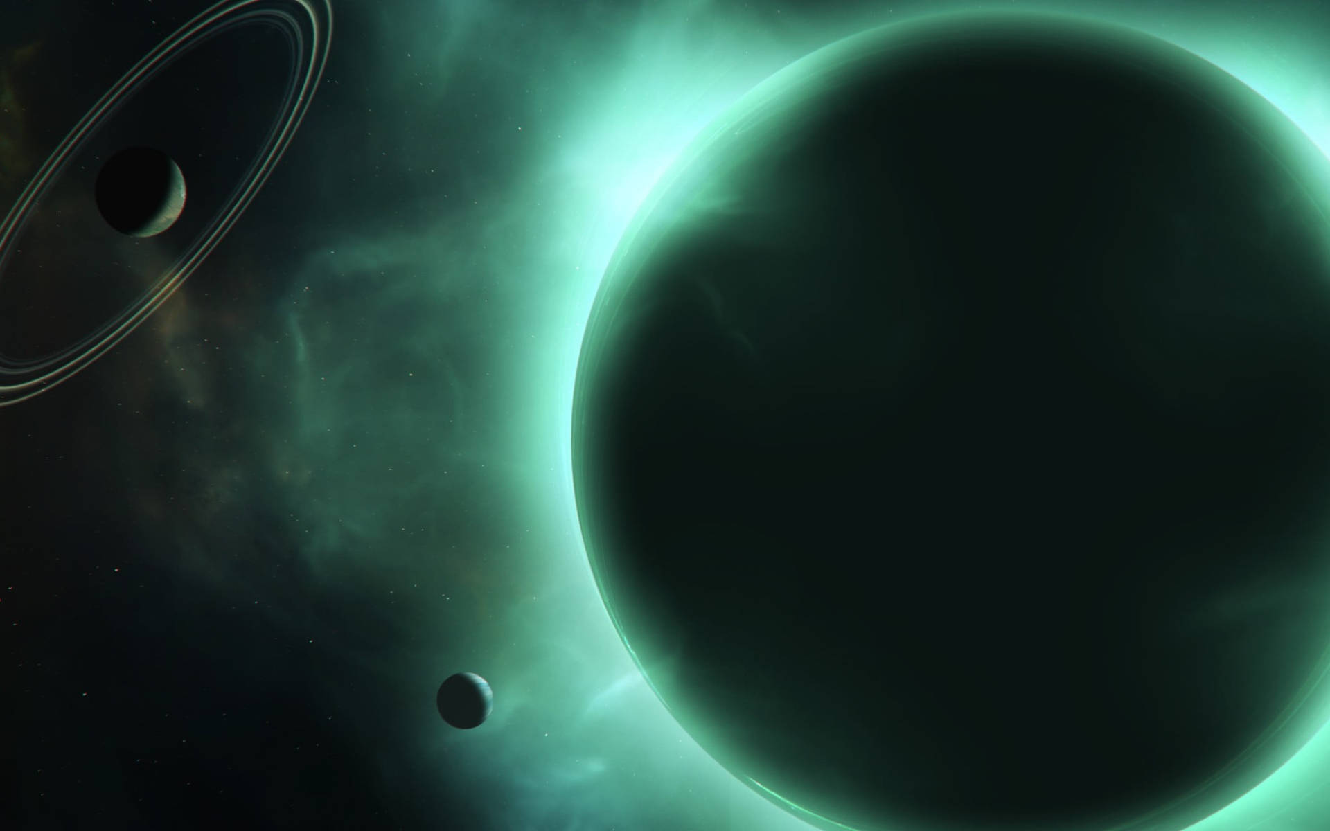 Black Planet 桌布 壁紙 — 一個宇宙場景，展示了一顆帶有光環和衛星的發光綠色行星，背景是繁星點點的星雲。