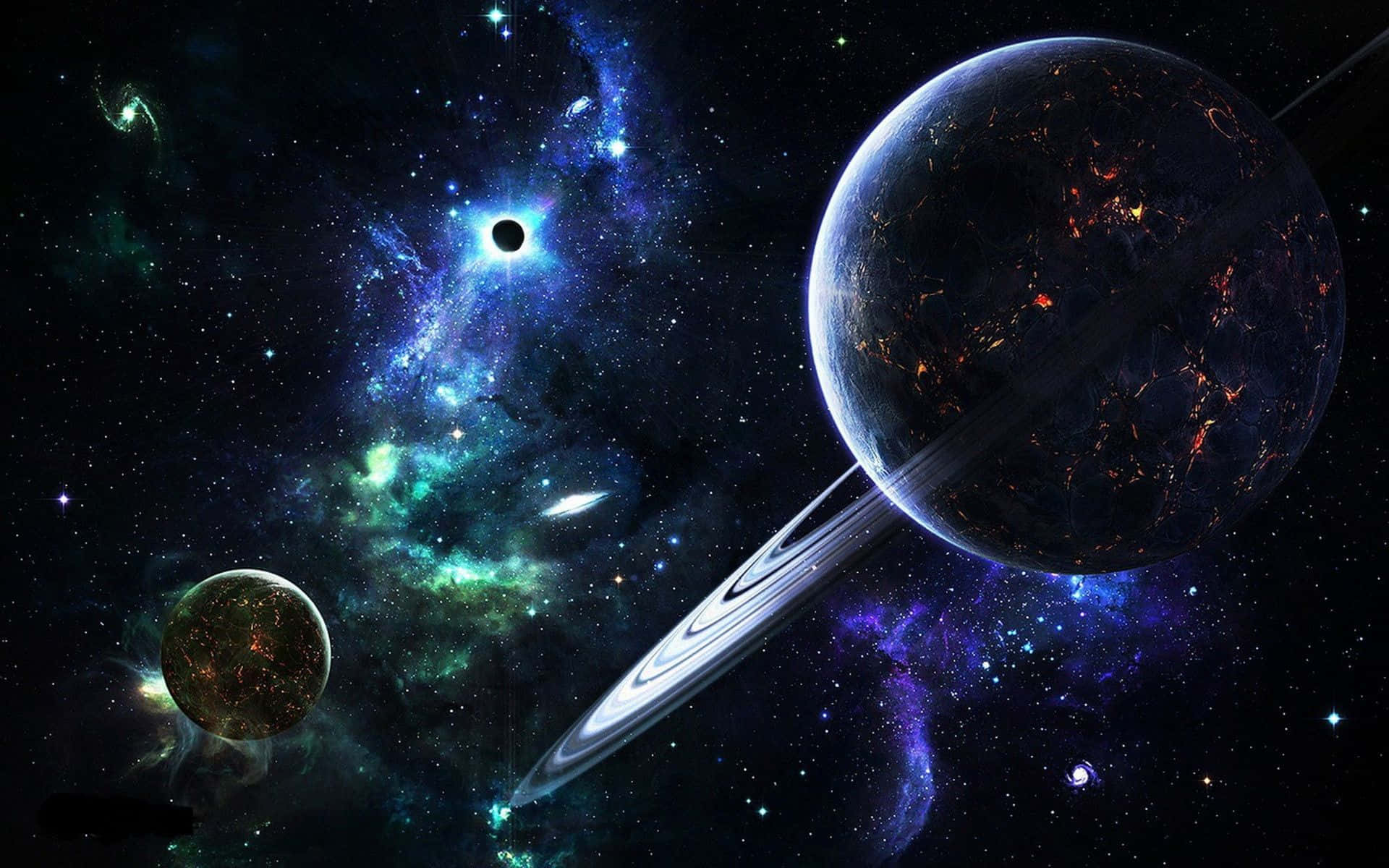 酷炫太空 桌布 壁紙 — 一個宇宙場景，展示了一顆帶有發光表面細節的環狀行星，背景是充滿活力的星雲和遙遠的星星。