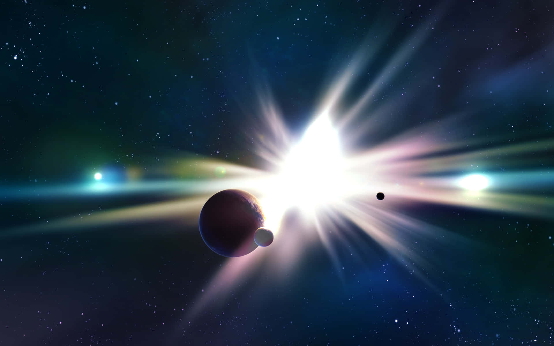 Celestial Bodies 桌布 壁紙 — 一個宇宙場景，明亮的星爆照亮了行星，背景是繁星點點的深藍色太空。