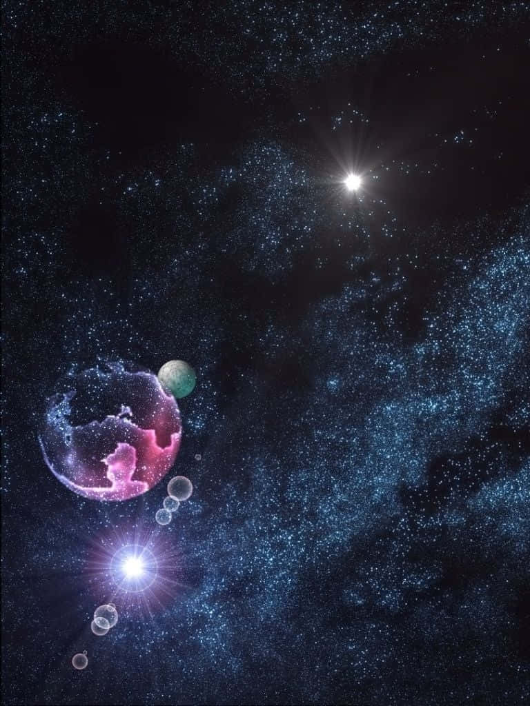 Stars 桌布 壁紙 — 一個宇宙場景，有一個發光的粉紅色行星和一顆明亮的恆星，周圍環繞著旋轉的藍色星雲和漂浮的球體。