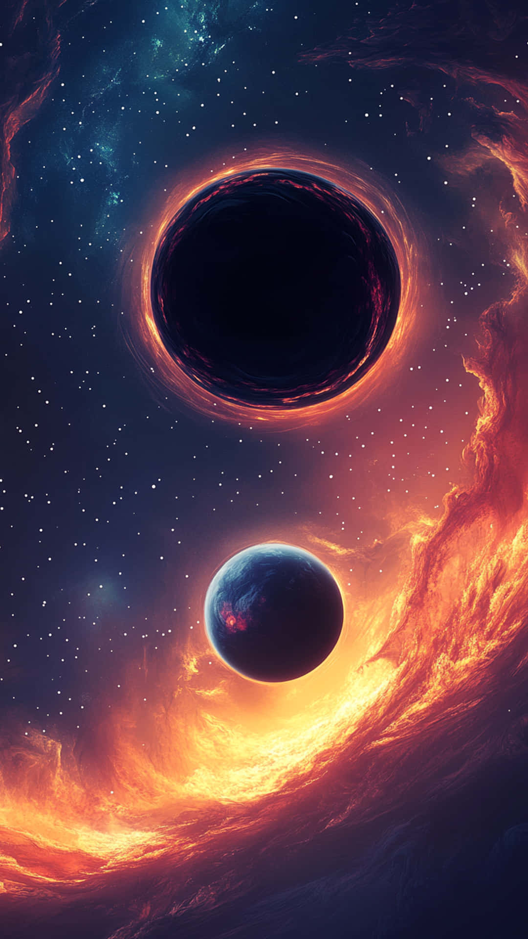 Neon galaxy background 壁紙 — 一個宇宙場景，有一個發光的黑洞和一顆藍色行星，被熾熱的橙色星雲包圍，背景是星光閃爍的藍綠色虛空。