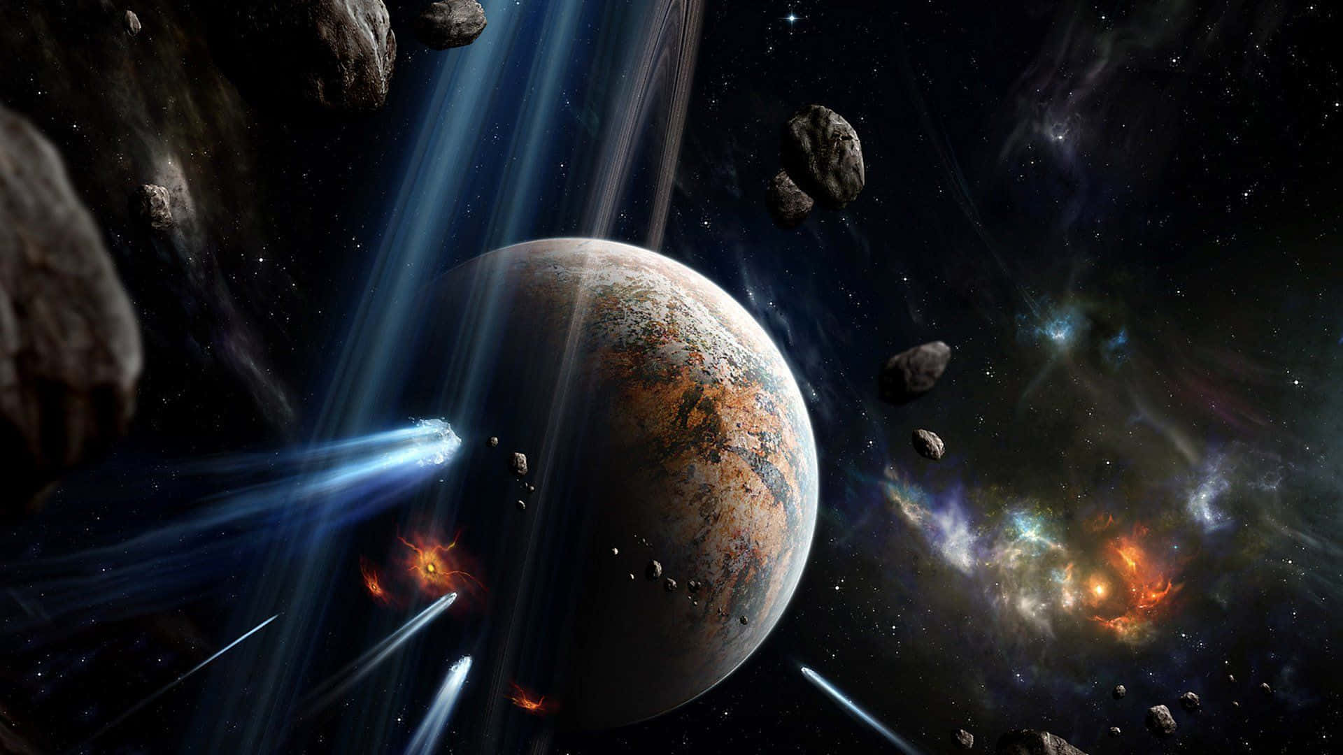 太空 桌布 壁紙 — 一個宇宙場景，有一顆岩石行星被小行星和帶有光條的發光星雲包圍。