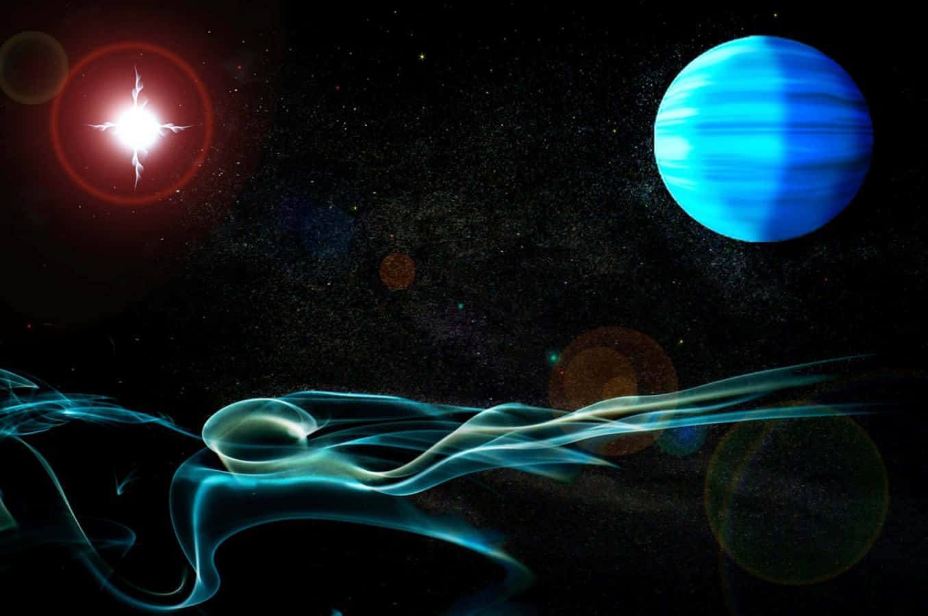 Celestial Bodies 桌布 壁紙 — 一個宇宙場景，有一顆發光的藍色行星和一顆光芒四射的紅色恆星，周圍環繞著旋轉的星雲和遙遠的天體。