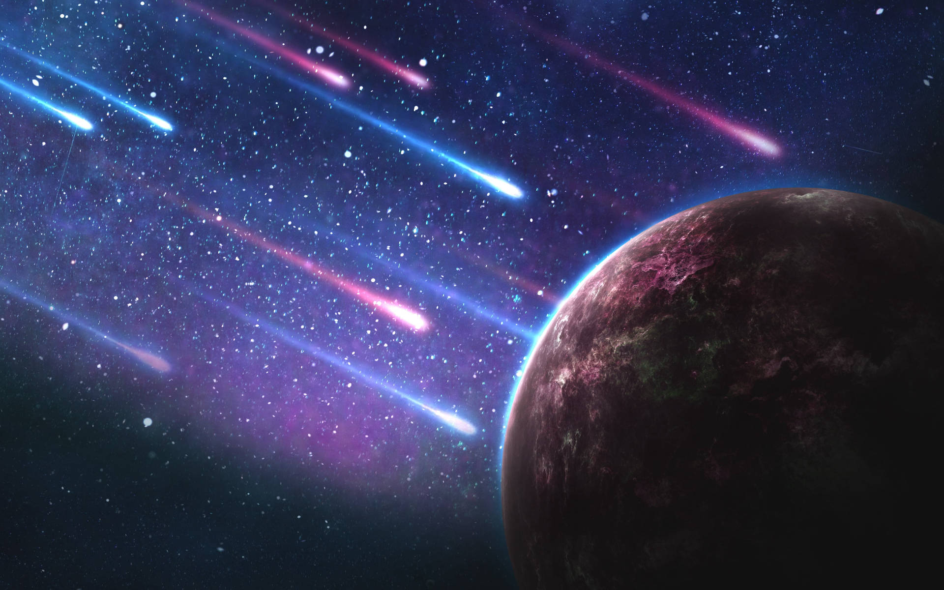 銀河月亮 桌布 壁紙 — 一個宇宙場景，有一顆黑暗行星和充滿活力的藍色粉紅色流星劃過佈滿星星的紫色和藍色星雲。