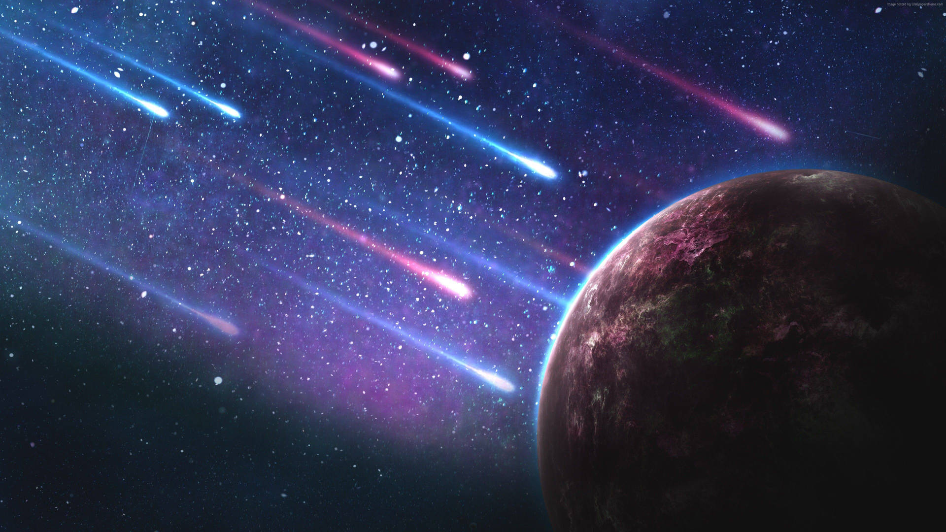 在色彩繽紛的星雲天空中帶有流星的行星 — 4K 地球 壁紙