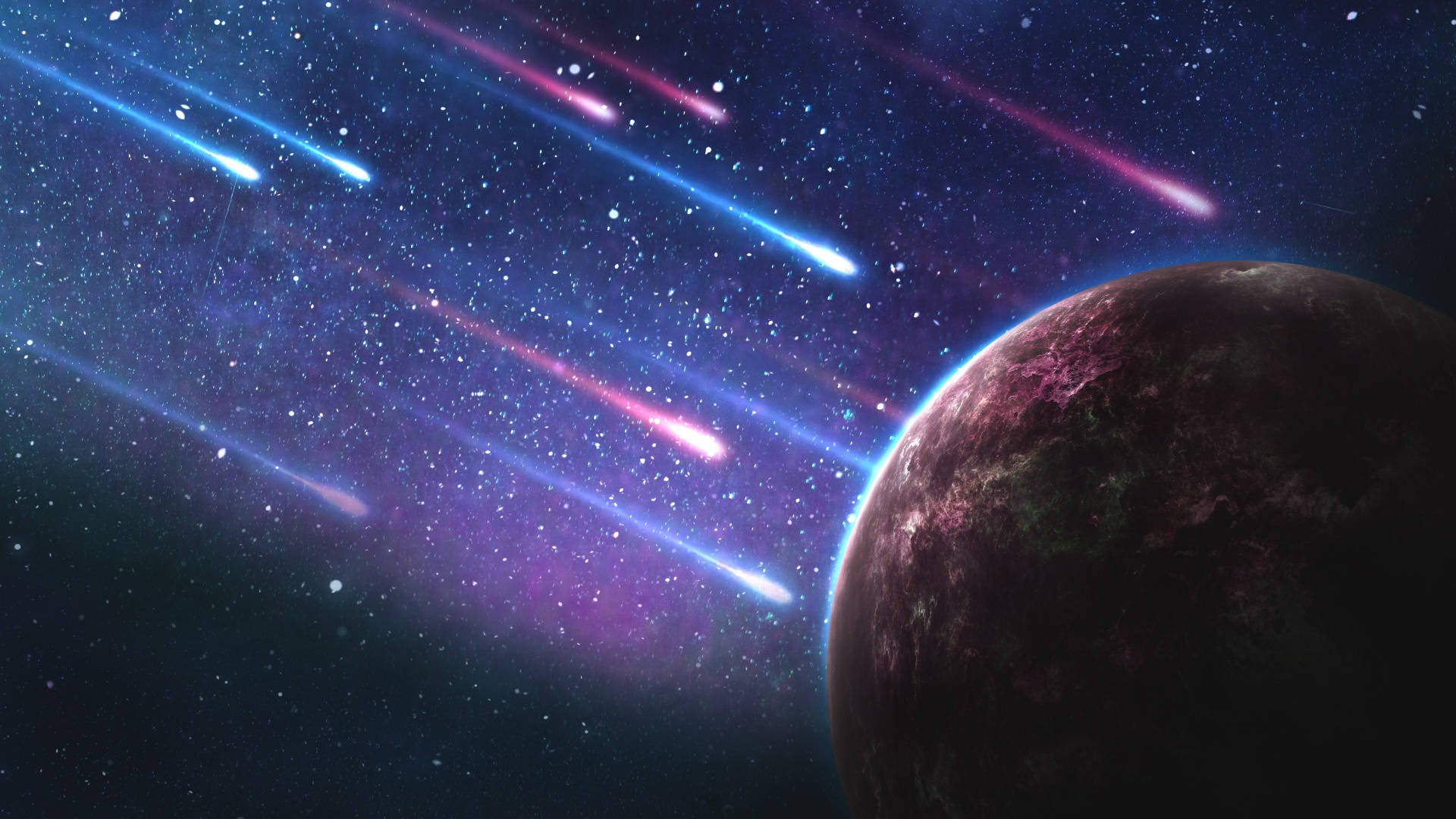 宇宙美學 桌布 壁紙 — 一個宇宙場景，有一顆黑暗行星和鮮豔的藍色和粉紅色流星劃過繁星點點的星雲。