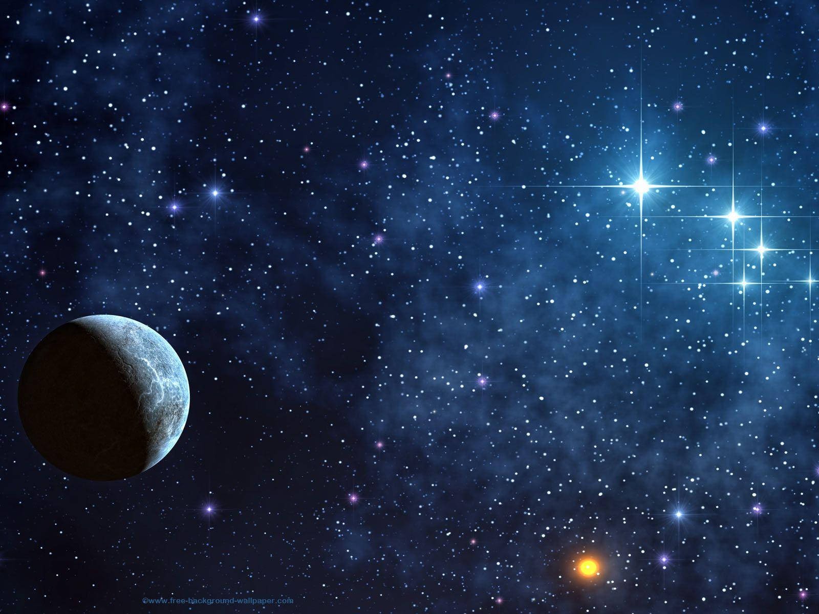 Star Space 桌布 壁紙 — 一個宇宙場景，有佈滿隕石坑的月球和發光的星星，背景是充滿宇宙塵埃的深藍色星雲。