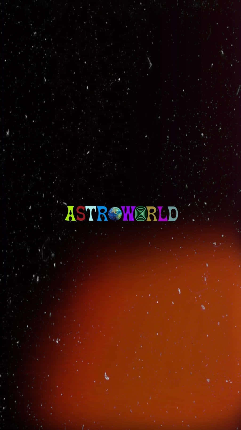 Astroworld 桌布 壁紙 — 一個宇宙場景，有充滿活力的橙色星雲和散落的星星，以及色彩繽紛的「ASTROWORLD」文字。