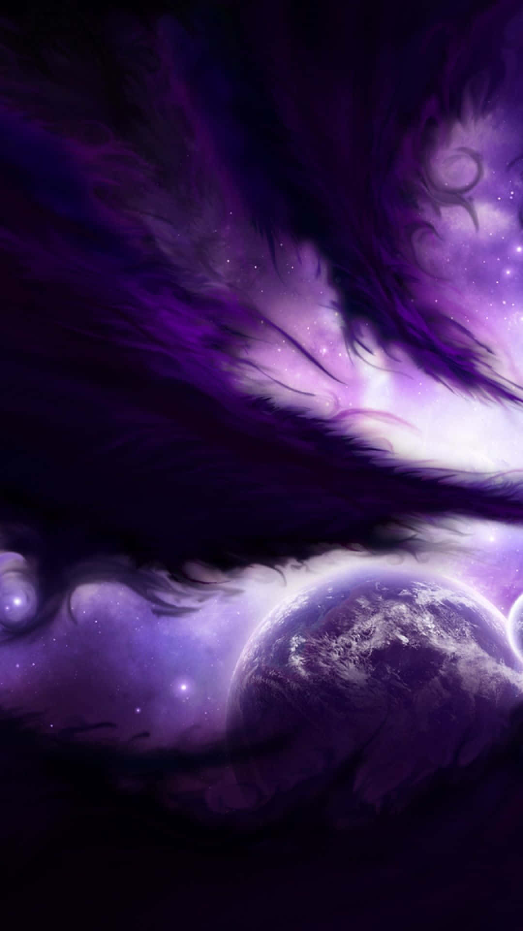 Purple Phone 桌布 壁紙 — 一個宇宙場景，有旋轉的紫色星雲和一顆行星，部分被黑暗的宇宙雲遮蔽，在星空下。