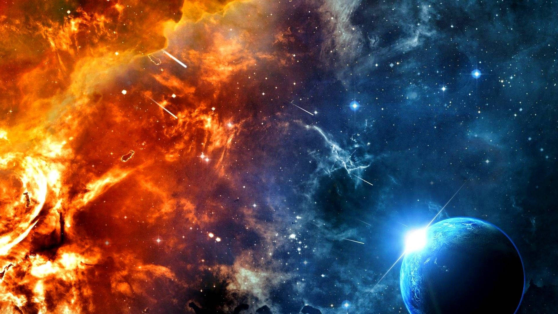 Stars 桌布 壁紙 — 一個宇宙場景，有火熱的橙色星雲和發光的藍色行星，背景是帶有流星的星空。