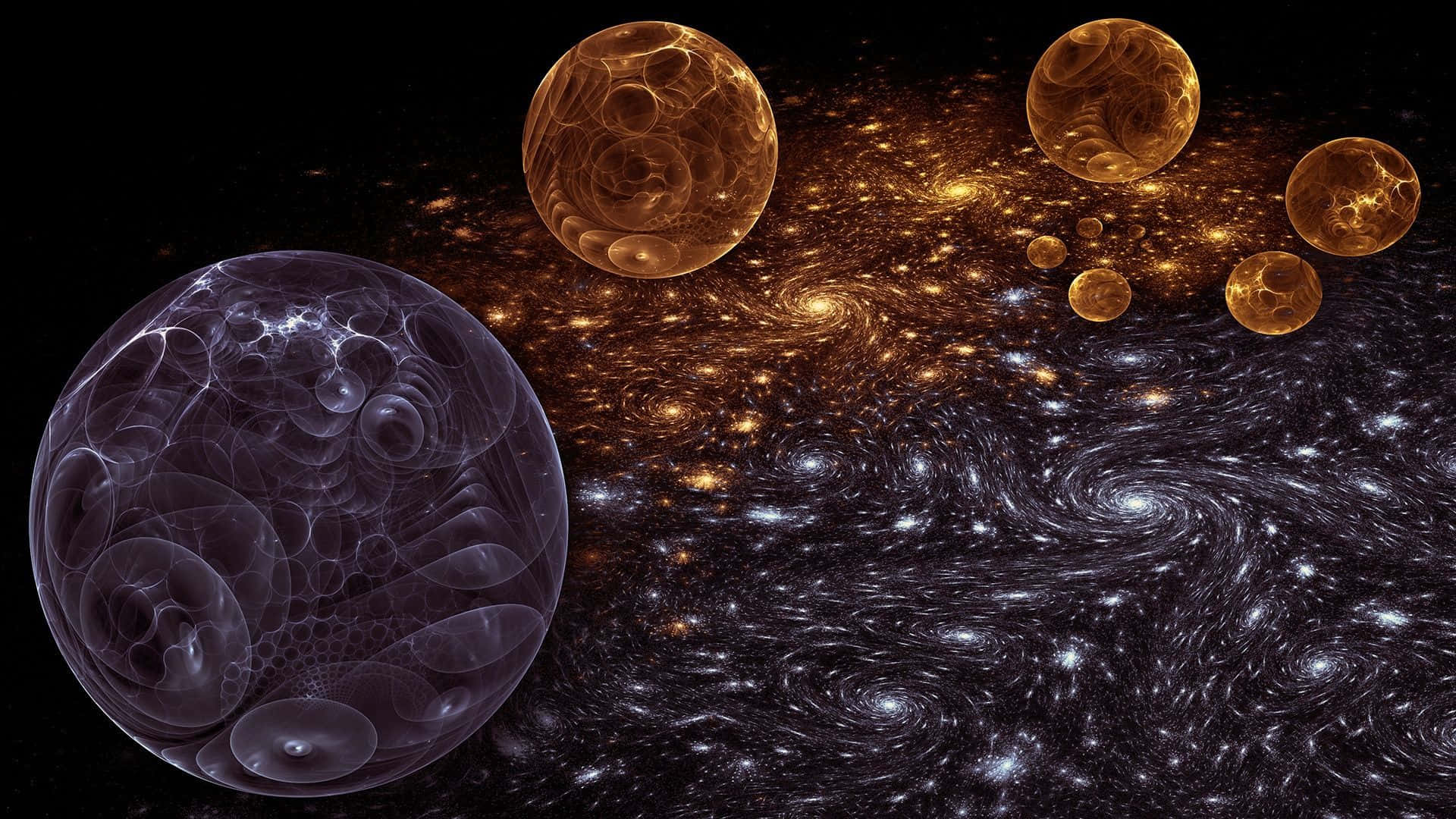 Trippy Space 桌布 壁紙 — 一個宇宙場景，有發光的琥珀色行星和一個半透明的紫色球體漂浮在旋轉的星系之上。
