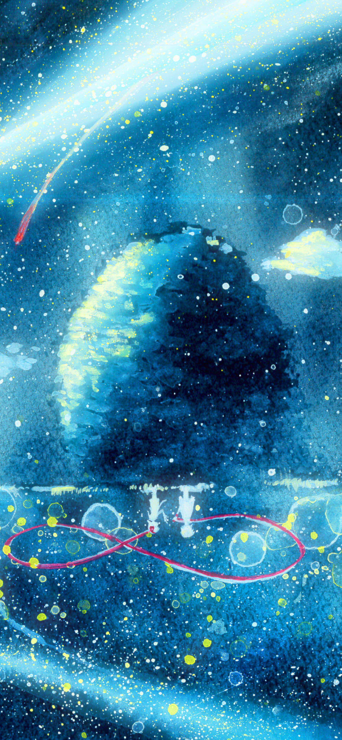 Your Name Anime 桌布 壁紙 — 一個宇宙場景，有發光的藍色星球、流星和漂浮的氣泡，背景是繁星點點的夜空。