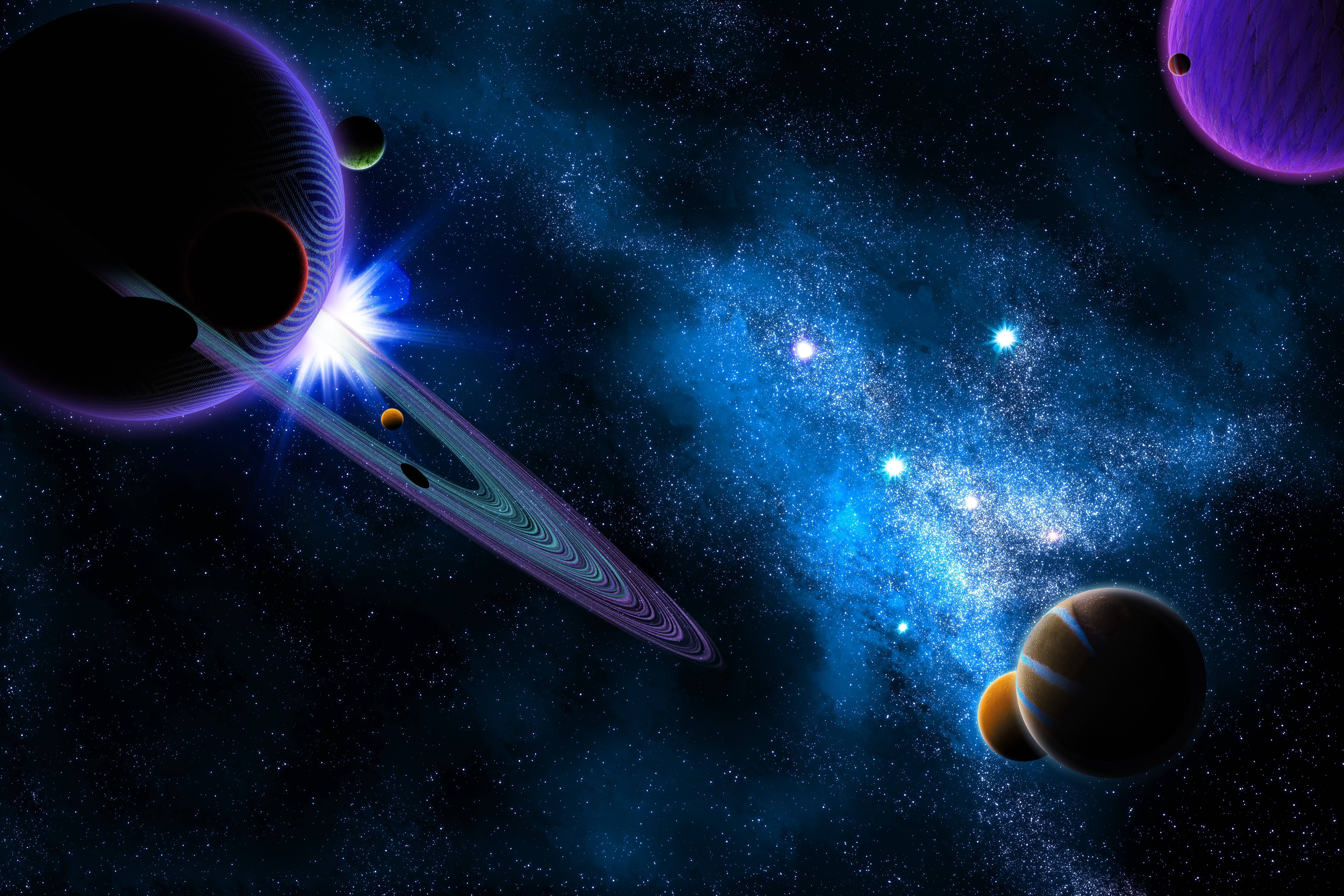 OLED 4K 桌布 壁紙 — 一個宇宙場景，有發光的藍色星雲和色彩繽紛的行星，包括一個突出的環狀行星發出明亮的光芒。