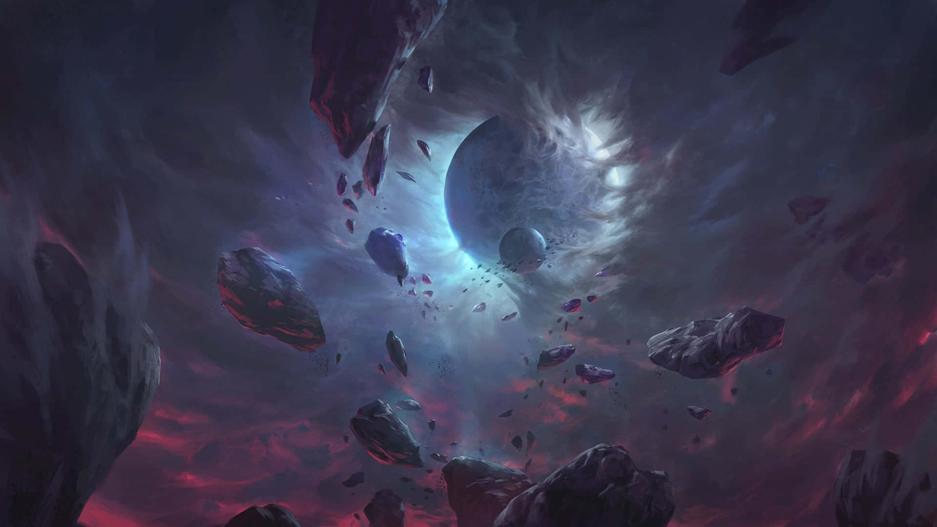 Void 桌布 壁紙 — 一個宇宙場景，漂浮的小行星和一個發光的行星被深紫色和紅色的旋轉星雲包圍。