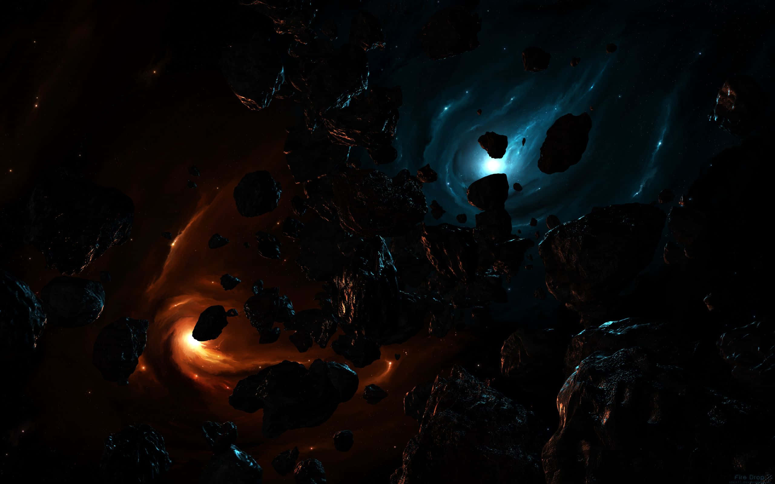 Dark Digital Art 桌布 壁紙 — 一個宇宙場景，漂浮的小行星在旋轉的橙色和藍色星雲之間，在深空中發光。