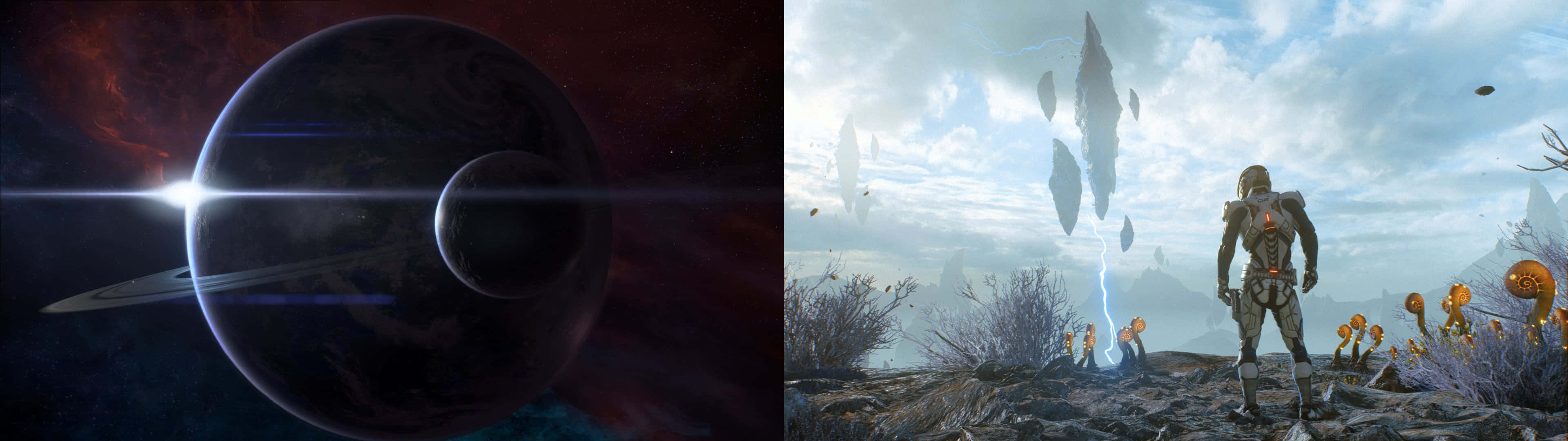 Mass Effect Andromeda 桌布 壁紙 — 一個宇宙場景，發光的恆星和行星旁邊站著一位戰士，站在外星地形上，下方有漂浮的岩石結構。