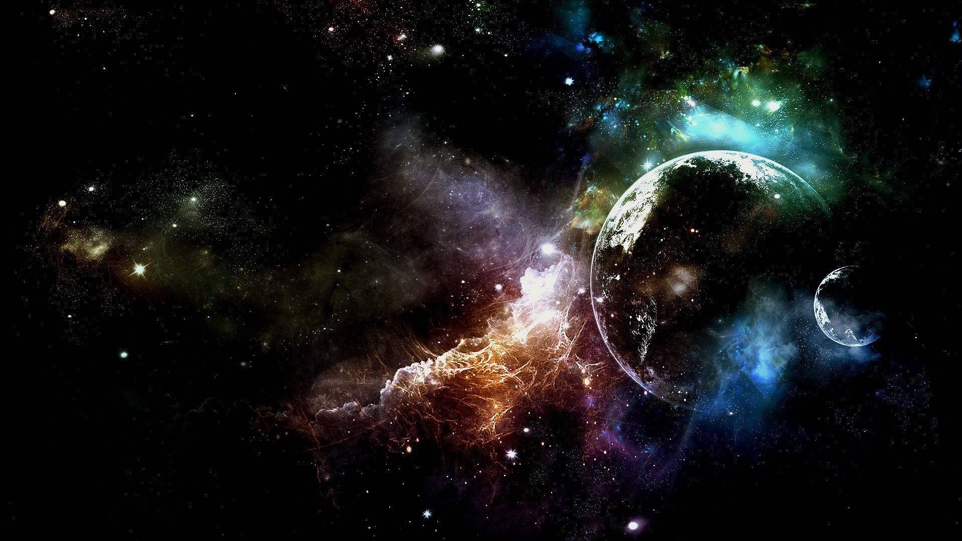 太空美學動圖 桌布 壁紙 — 一個宇宙場景，發光的星雲和兩顆行星漂浮在恆星和宇宙塵埃之中。