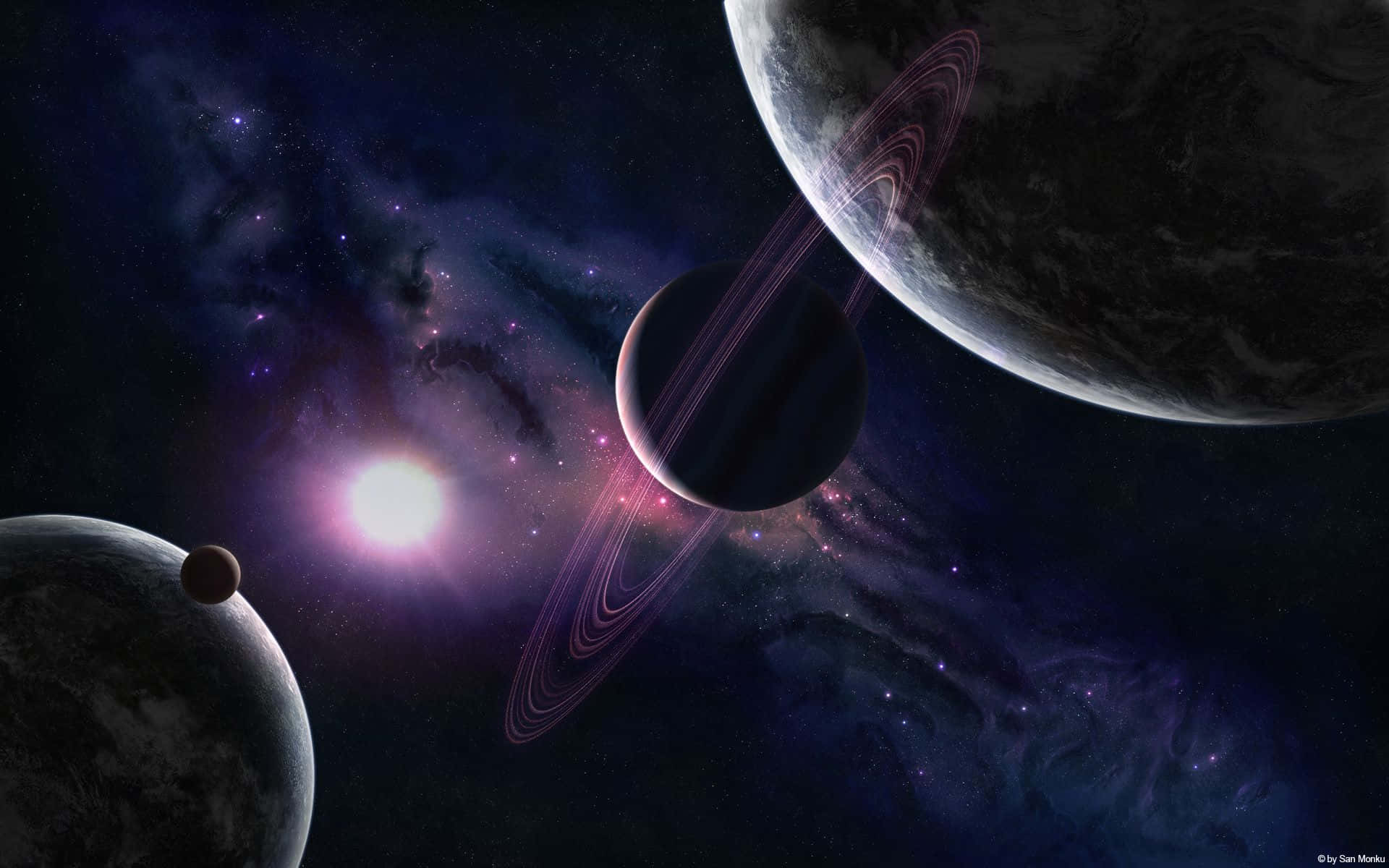 Galaxy Planet 桌布 壁紙 — 一個宇宙場景，發光的星雲和帶環的行星圍繞著一顆明亮的恆星運行，背景是繁星點點的虛空。