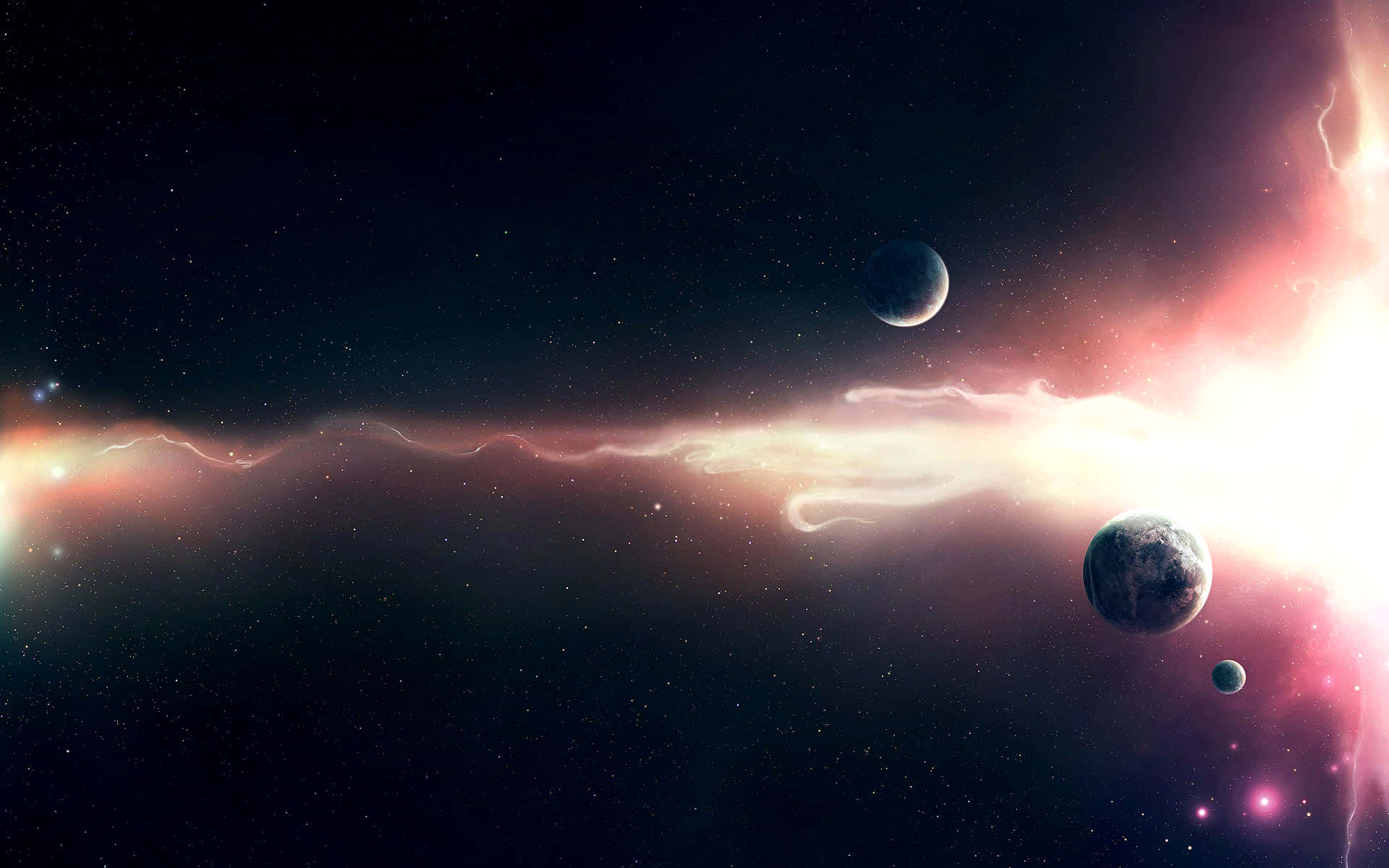 科幻 桌布 壁紙 — 一個宇宙場景，發光的星雲和行星在星空中漂浮，被耀眼的光束照亮。