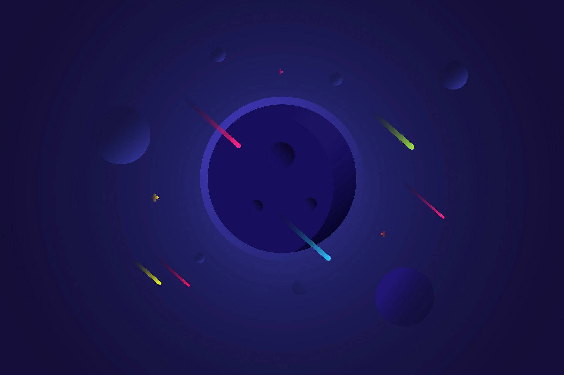 Cool Simple 桌布 壁紙 — 一個宇宙場景，發光的條紋和球體漂浮在深藍色空間中。