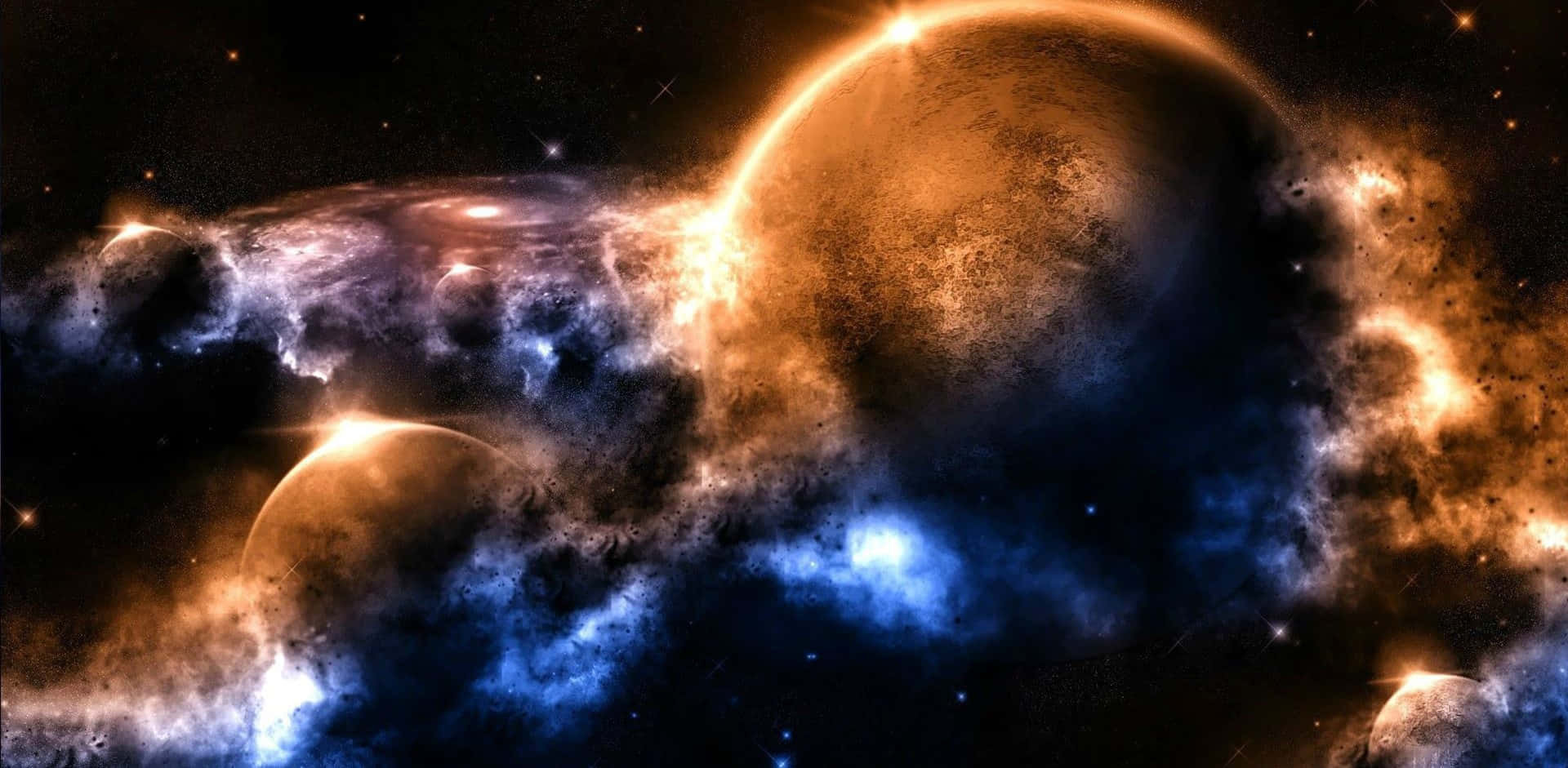 外太空 桌布 壁紙 — 一個宇宙場景，發光的橙色行星和旋轉的藍色星雲，背景是繁星點點的黑色虛空。
