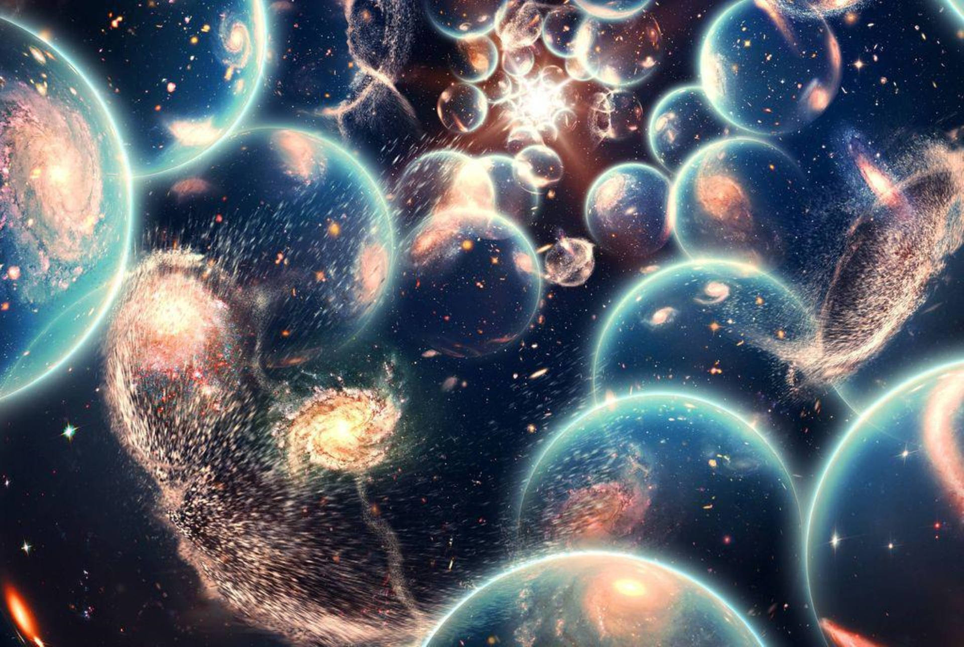 Multiverse 桌布 壁紙 — 一個宇宙場景，發光的氣泡包含星系，在繁星點點的背景下漂浮於深空之中。