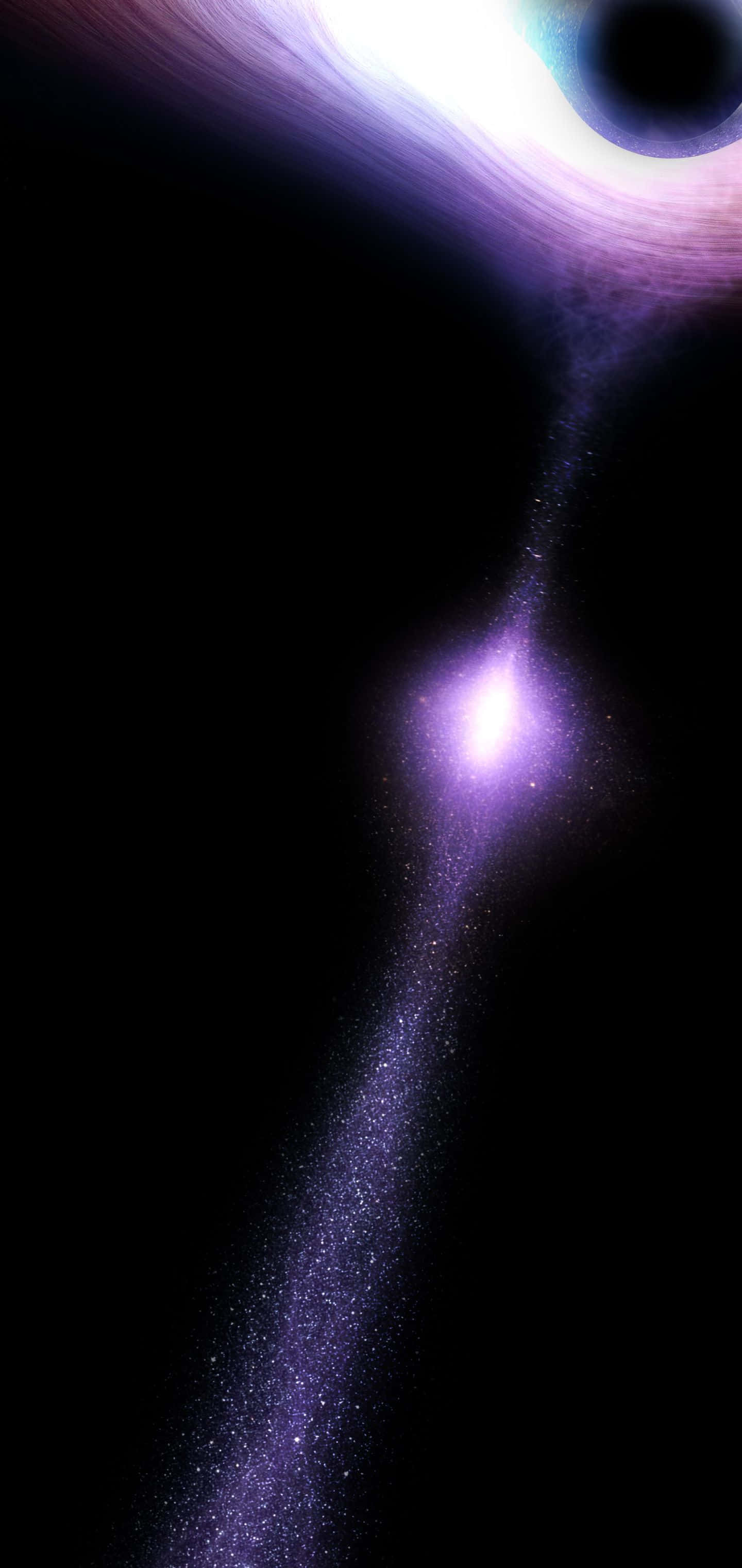 Galaxy S10 桌布 壁紙 — 一個宇宙場景，發光的紫色吸積盤在黑洞周圍旋轉，背景是繁星點點的虛空。