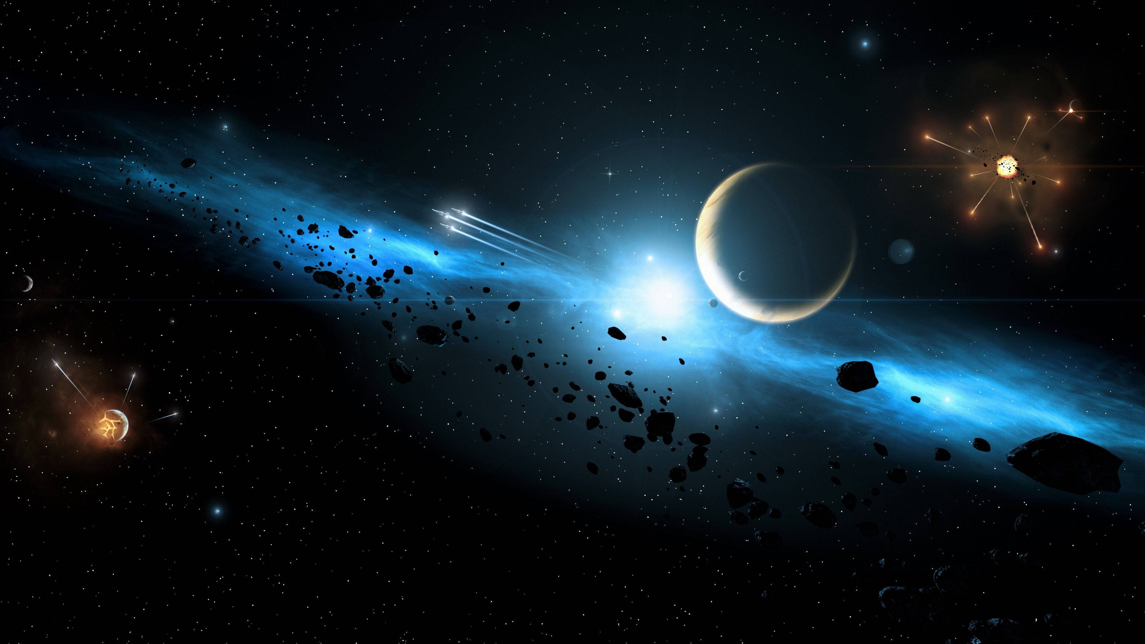 4K 太空 桌布 壁紙 — 一個宇宙場景，發光的藍色星雲、小行星和遙遠的恆星照亮了一個新月行星。