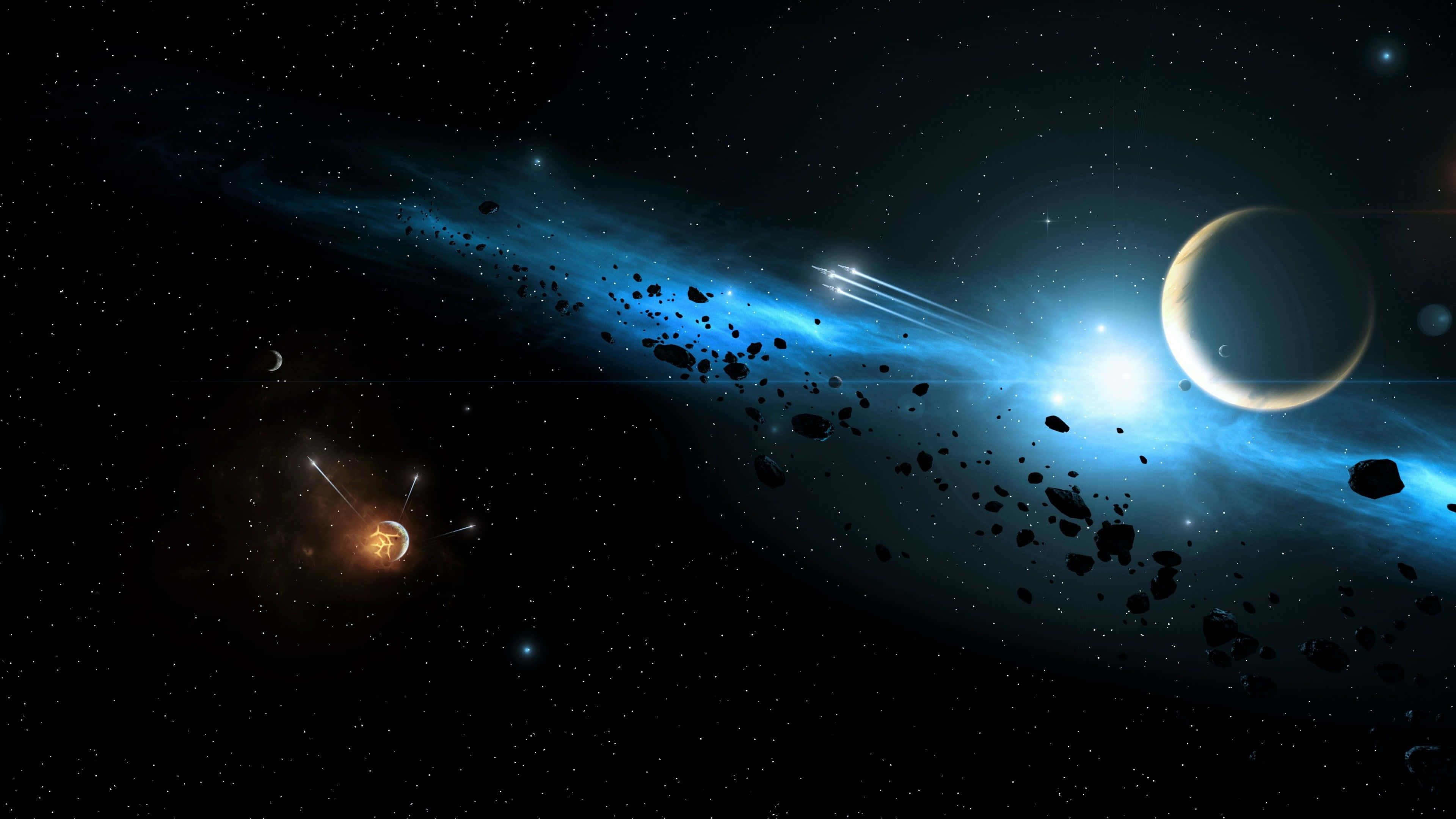 Galaxy Planet 桌布 壁紙 — 一個宇宙場景，發光的藍色星雲、小行星和行星在明亮恆星下的深空中漂浮。