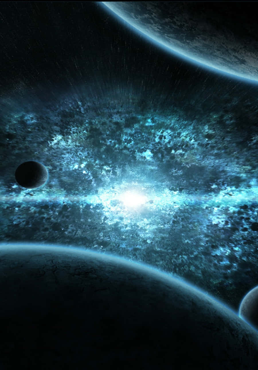 Celestial Bodies 桌布 壁紙 — 一個宇宙場景，發光的藍色星雲和行星環繞著中央燦爛的星爆。