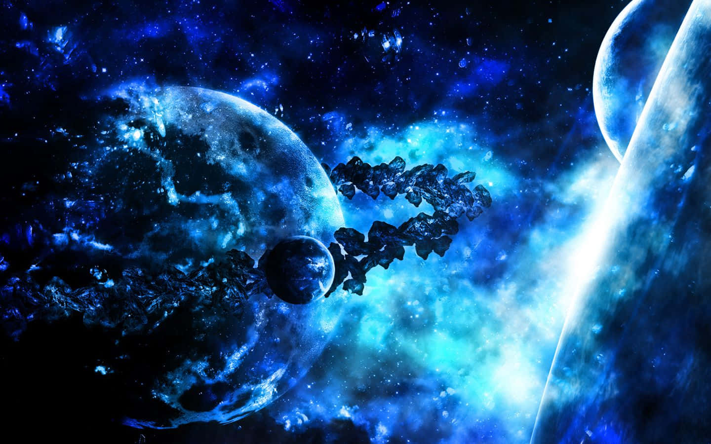 酷炫太空 桌布 壁紙 — 一個宇宙場景，發光的藍色星雲和行星被漂浮在深空中的小行星包圍。