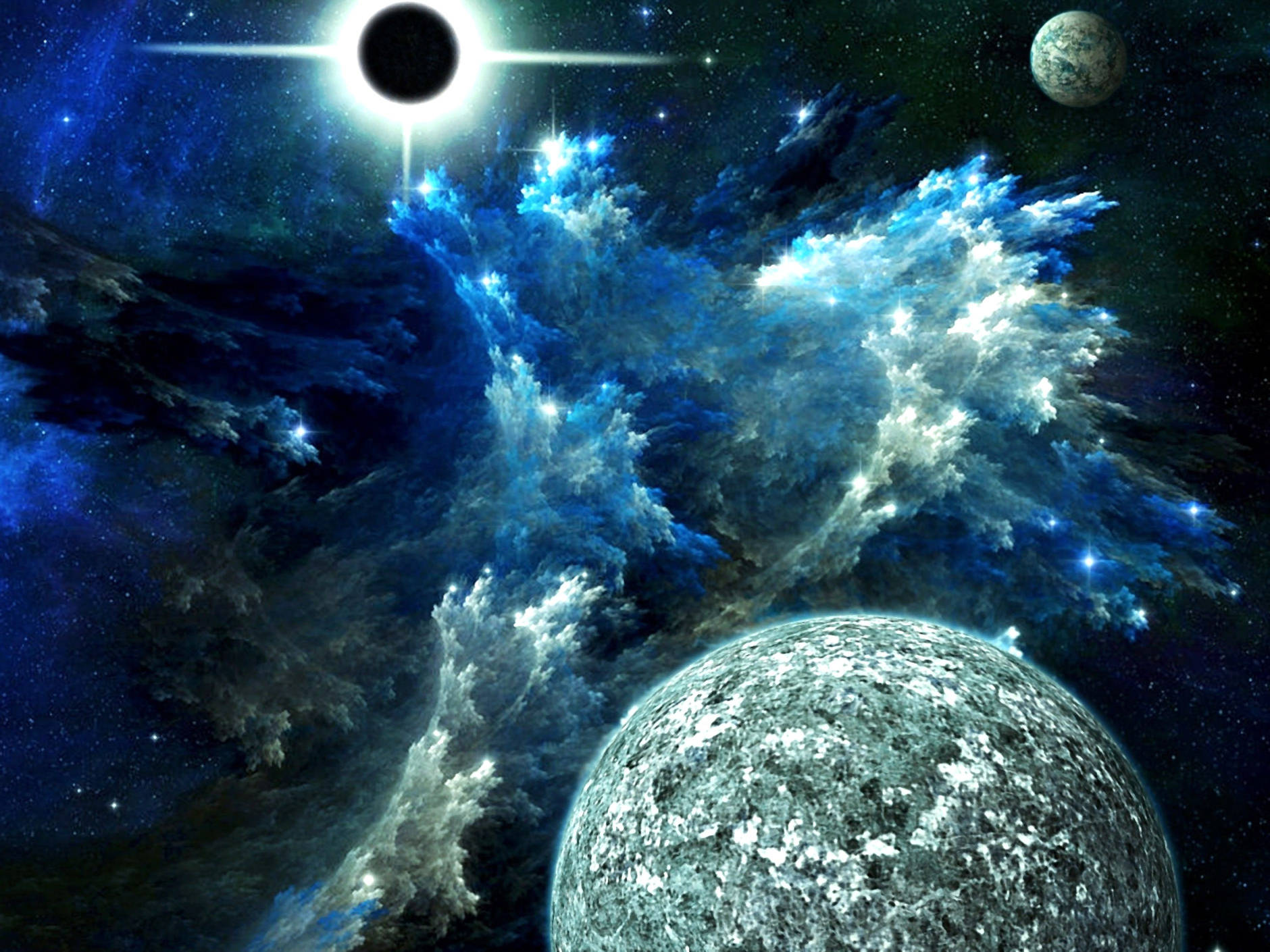 blue space phone 桌布 壁紙 — 一個宇宙場景，發光的藍色星雲圍繞著一顆行星和一個帶有明亮吸積盤的黑洞旋轉。