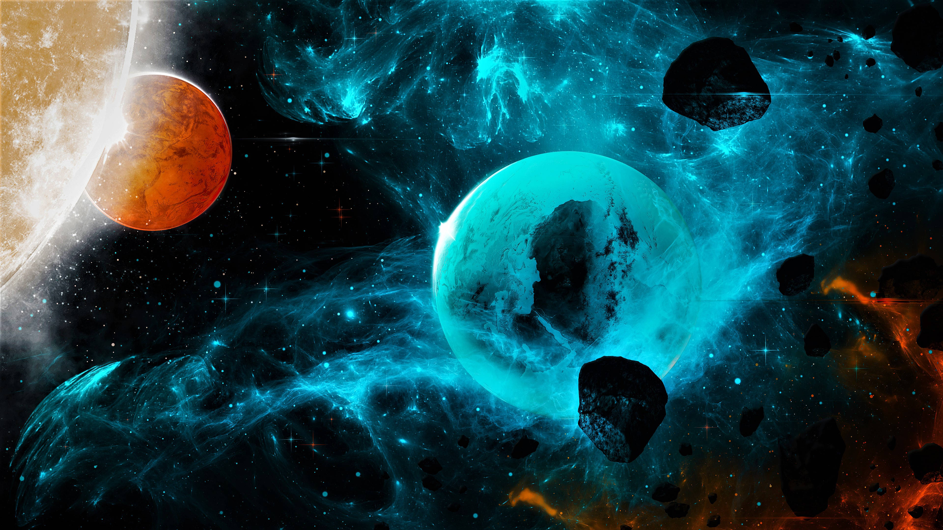宇宙 桌布 壁紙 — 一個宇宙場景，發光的藍色星雲在行星和小行星周圍旋轉，背景是佈滿星星的黑色虛空。