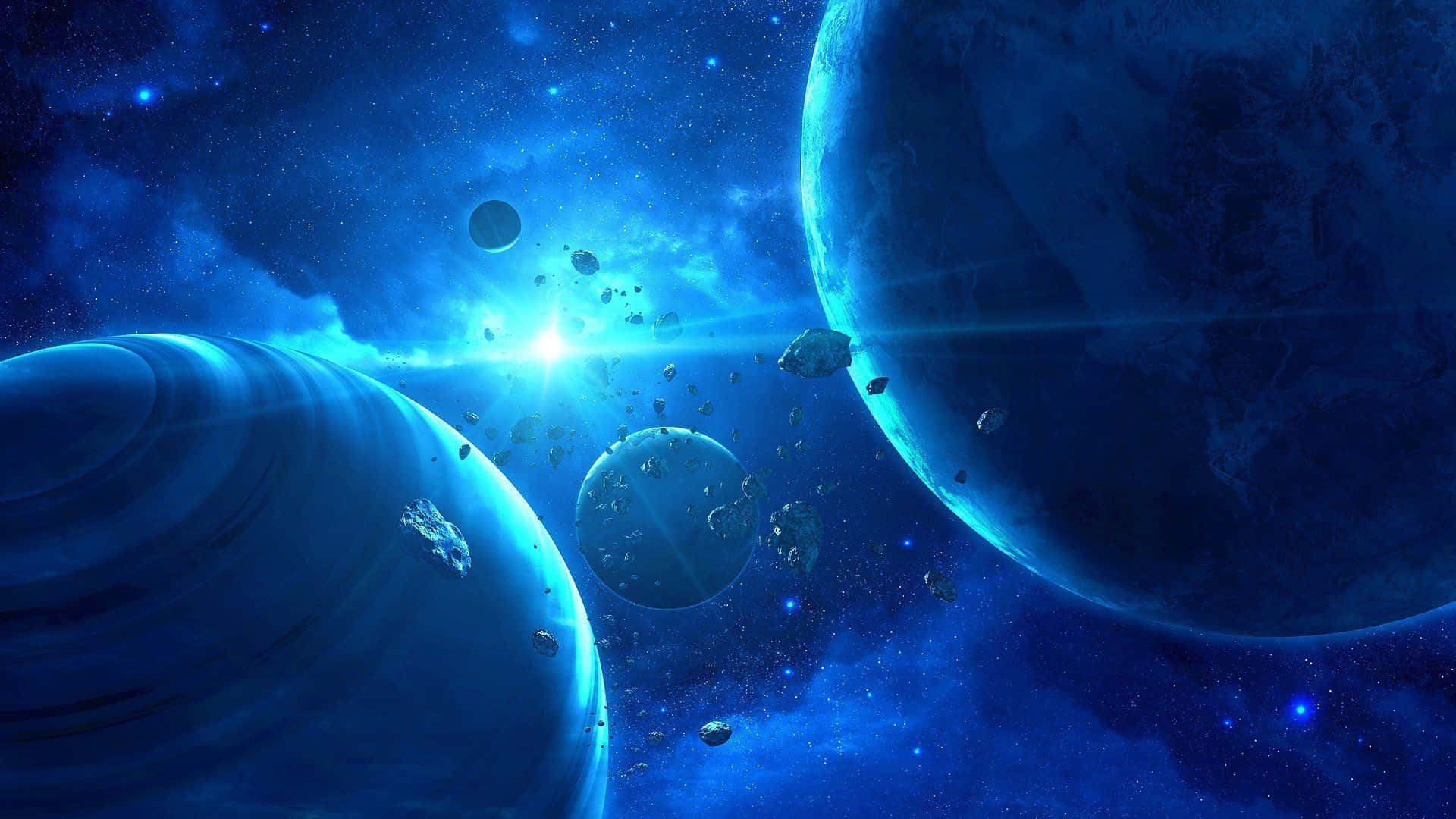 Blue Space 桌布 壁紙 — 一個宇宙場景，發光的藍色行星和小行星漂浮在星光熠熠的星雲中，沐浴在耀眼的光芒中。