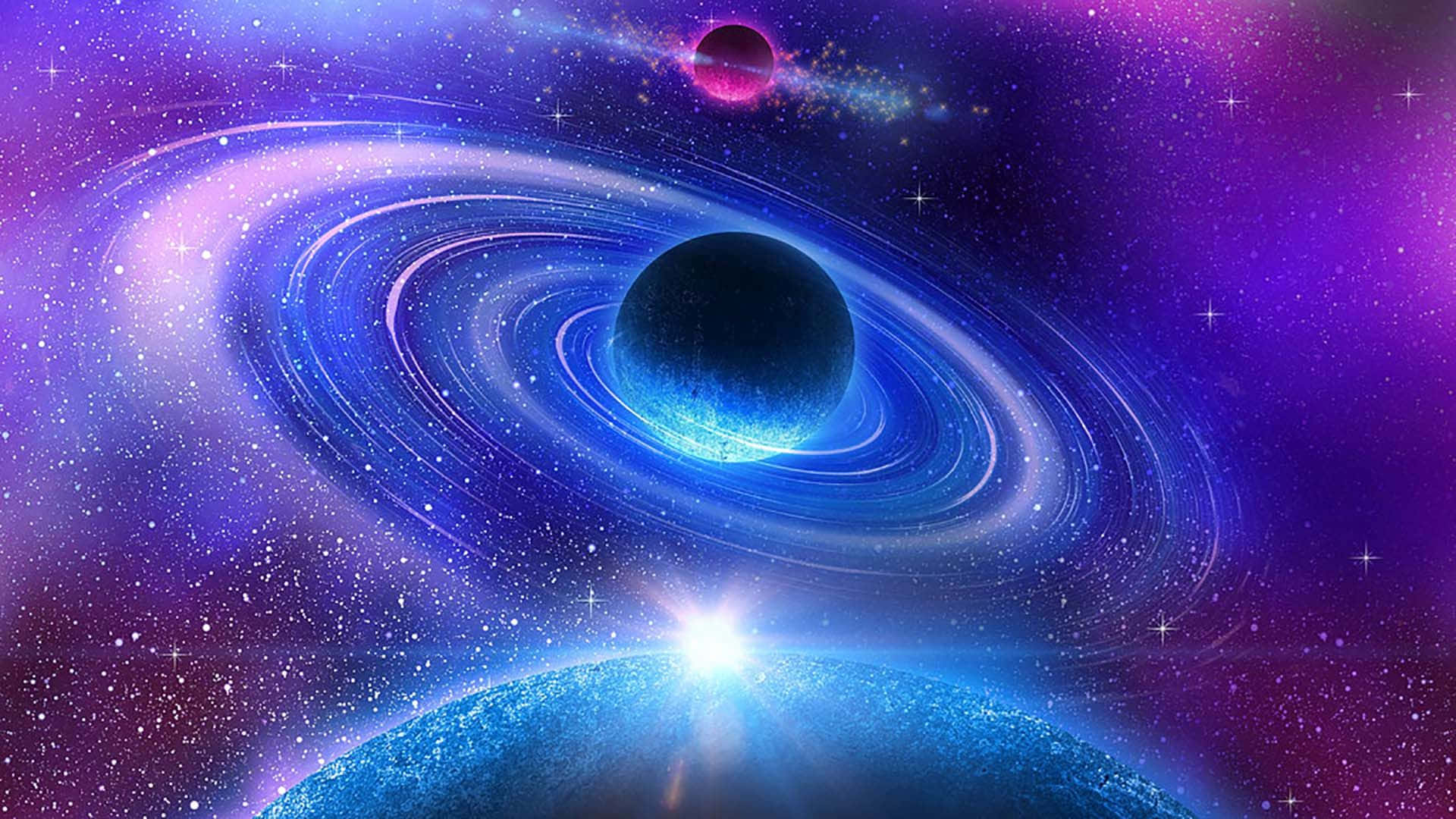 Cosmic 桌布 壁紙 — 一個宇宙場景，發光的藍色行星被旋轉的環和星星環繞，背景是充滿活力的紫色和藍色星雲。