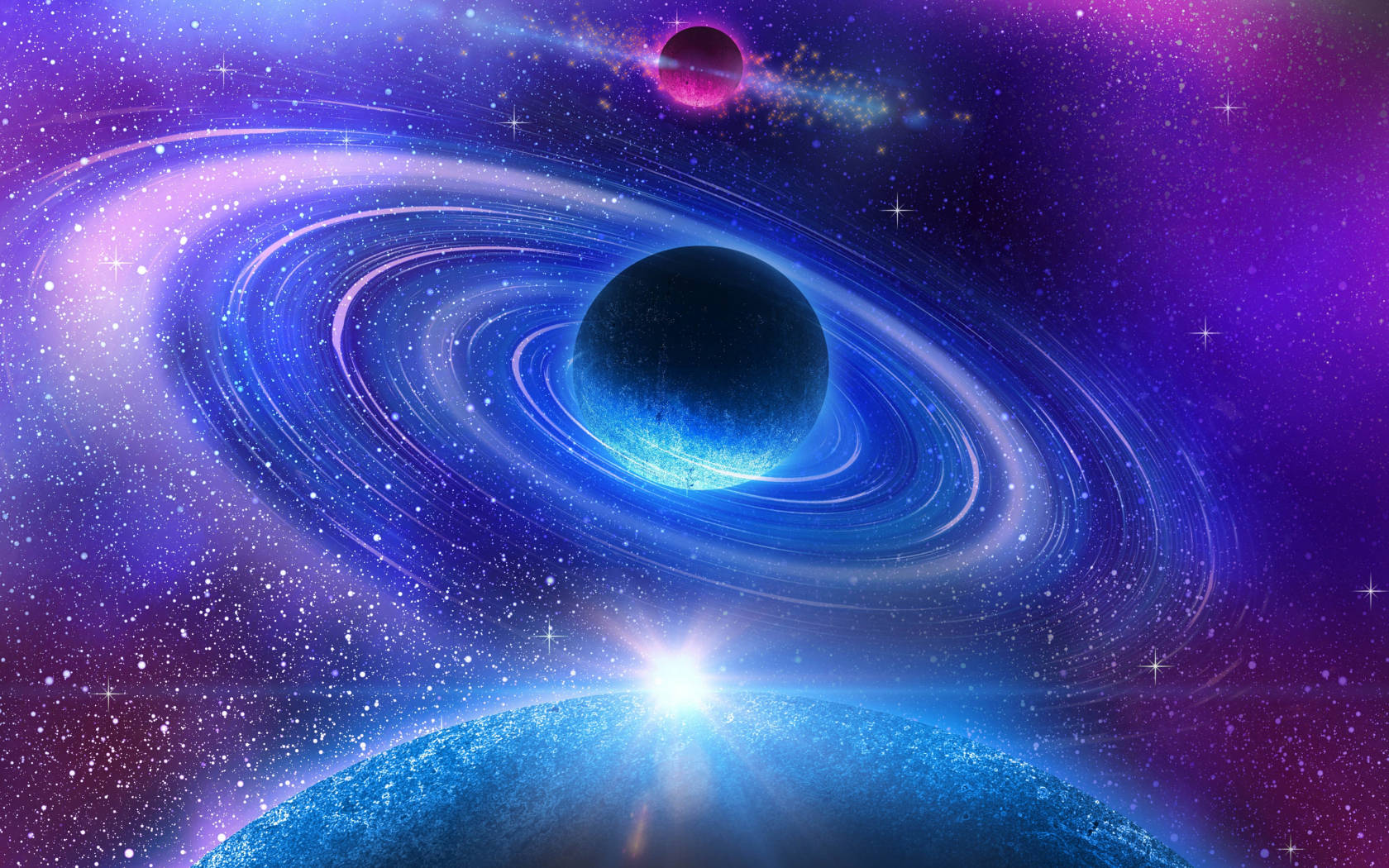 Cool 桌布 壁紙 — 一個宇宙場景，發光的藍色行星被旋轉的環和星星環繞，背景是充滿活力的紫色和藍色星雲。