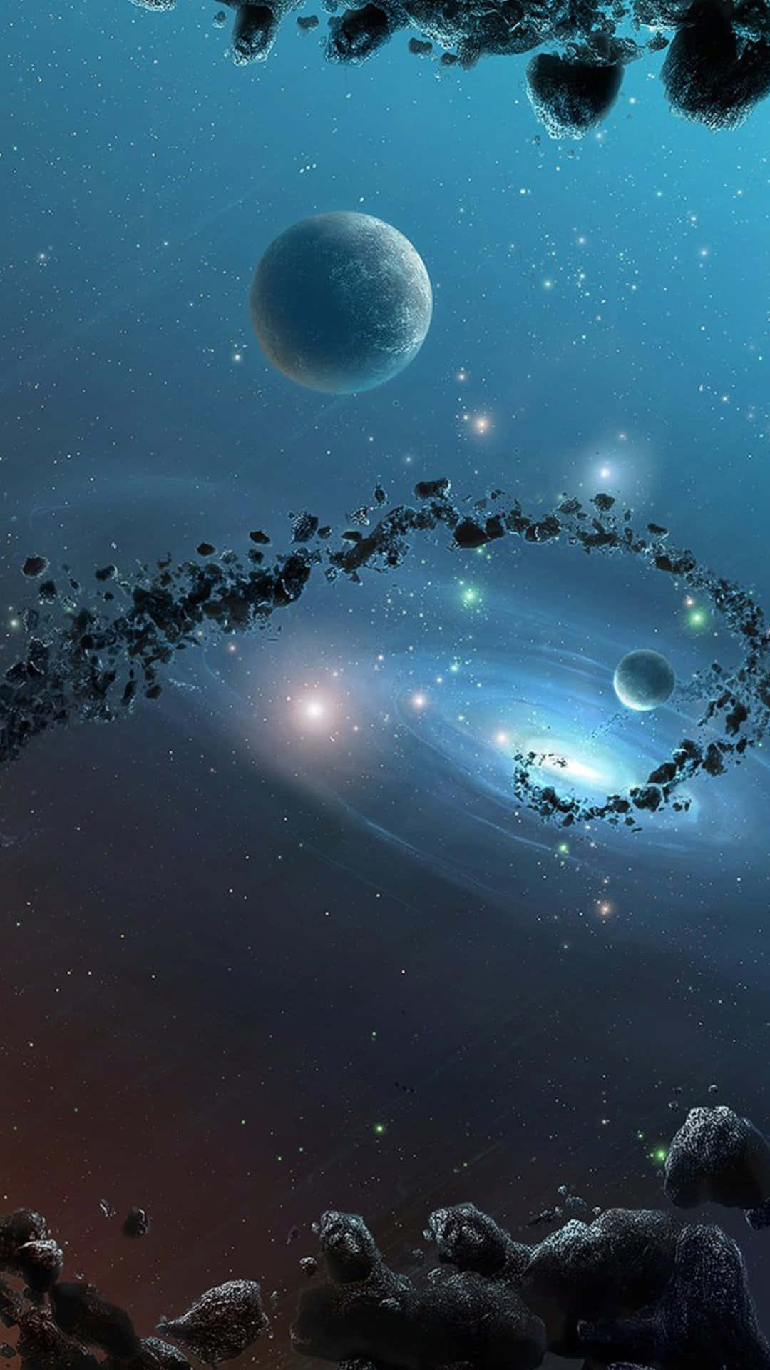 Galaxy S5 桌布 壁紙 — 一個宇宙場景，發光的螺旋星系被漂浮的小行星和兩顆行星包圍，背景是繁星點點的藍色和紅色星雲。