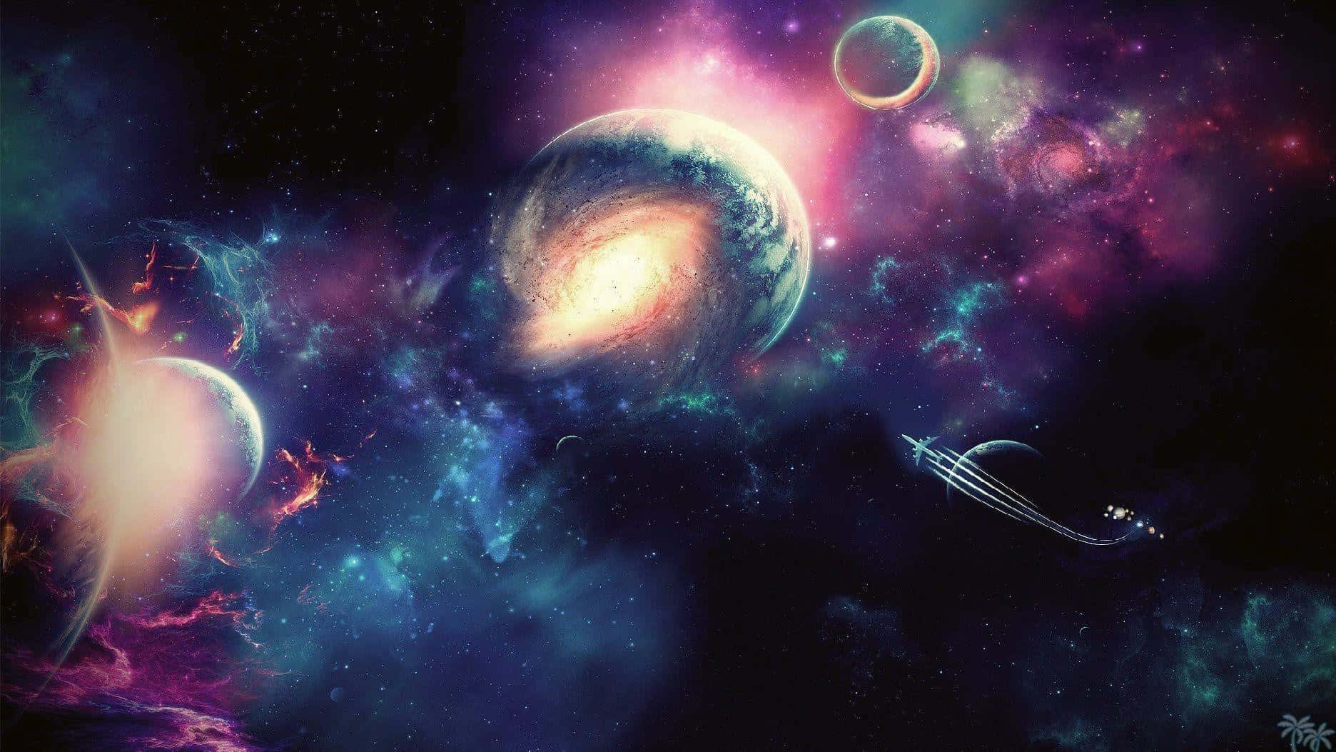 銀河 桌布 壁紙 — 一個宇宙場景，發光的行星和充滿活力的星雲在星空下的深空中旋轉。