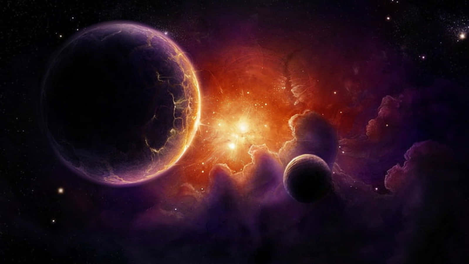Celestial Bodies 桌布 壁紙 — 一個宇宙場景，發光的行星和充滿活力的星雲在繁星點點的紫色虛空中散發出熾熱的橙色光芒。