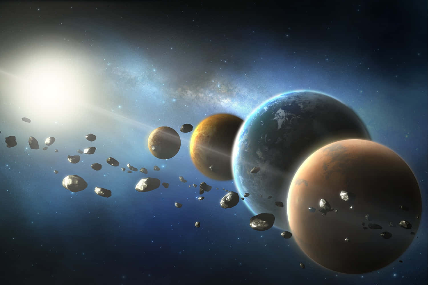 NASA 動態圖片 桌布 壁紙 — 一個宇宙場景，發光的行星和小行星在繁星點點的星雲中漂流，下方是光芒四射的太陽。