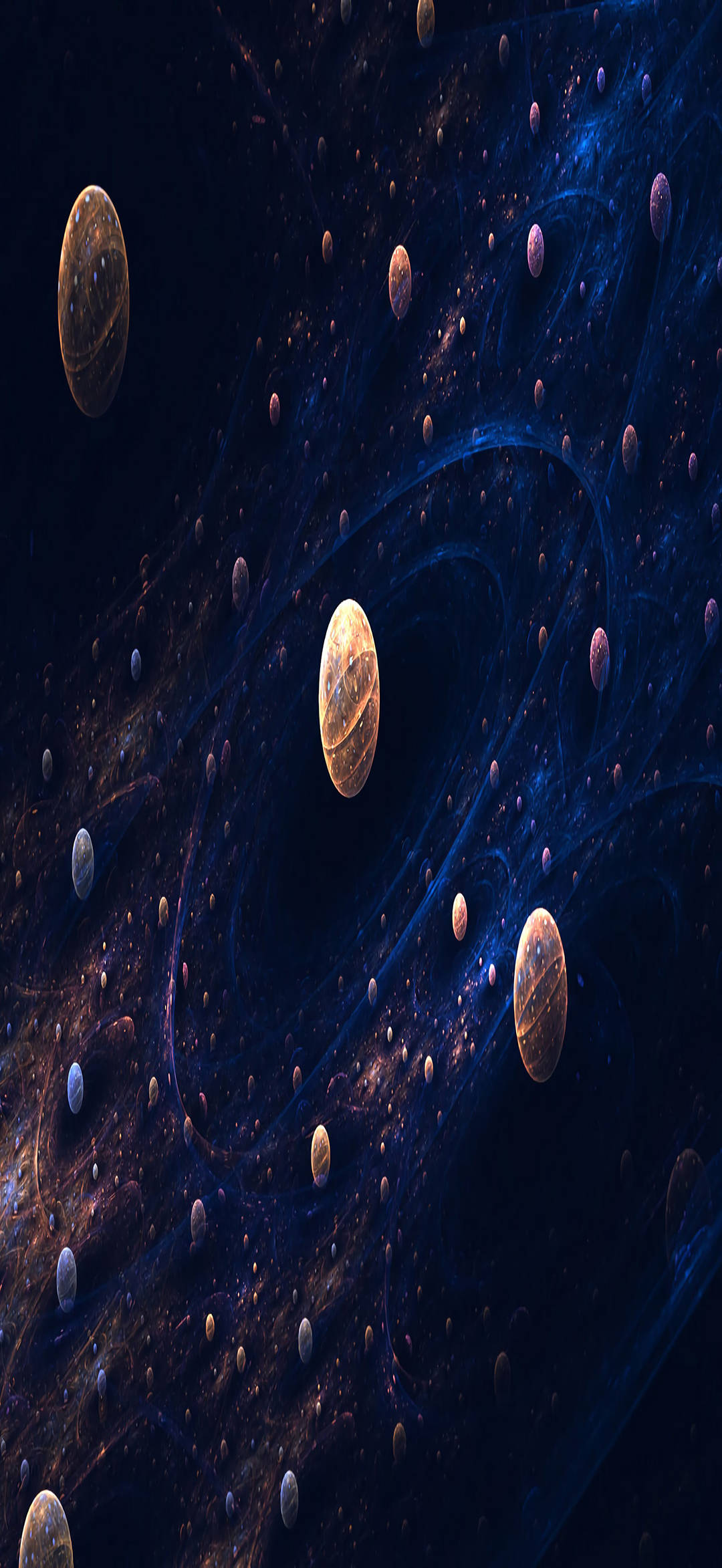 full HD phone 桌布 壁紙 — 一個宇宙場景，發光的行星和旋轉的星雲在深藍色和金色中，襯托著繁星點點的虛空。