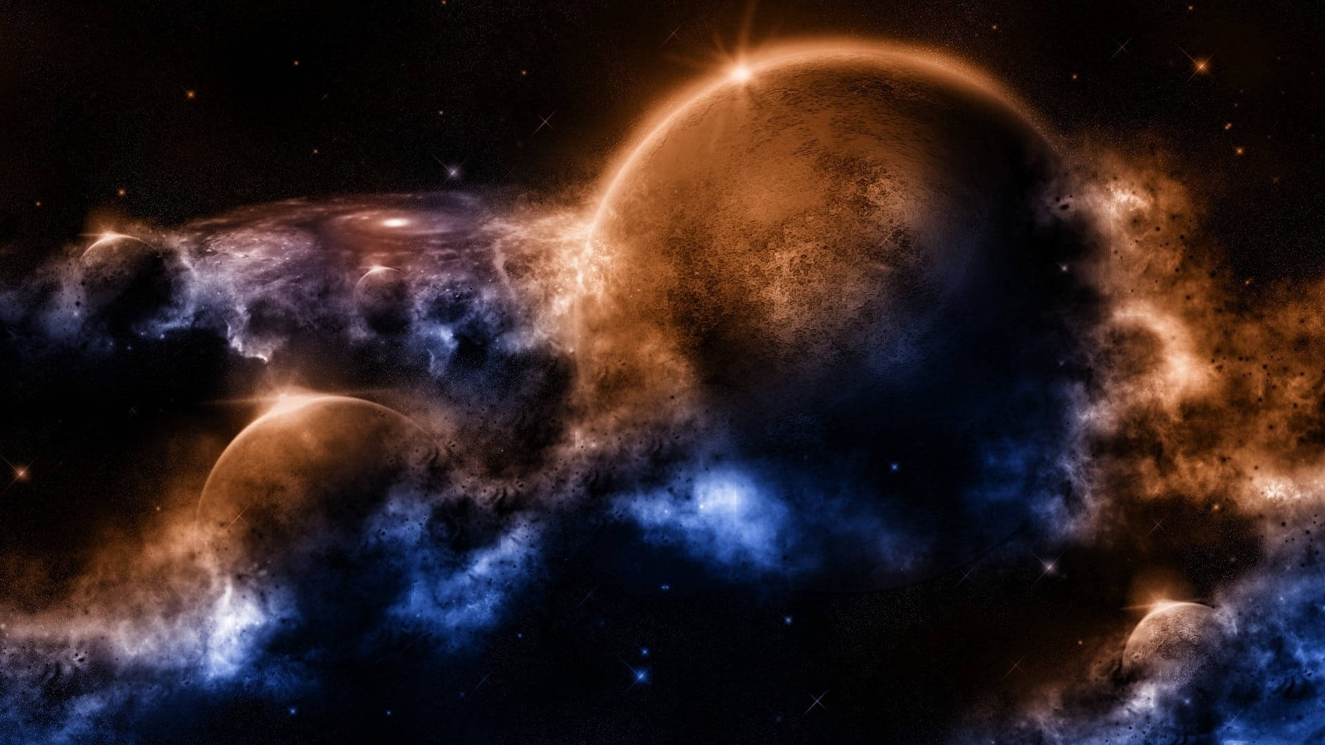 太空 桌布 壁紙 — 一個宇宙場景，發光的行星和旋轉的星雲在深藍色和火橙色中，映襯著繁星點點的虛空。