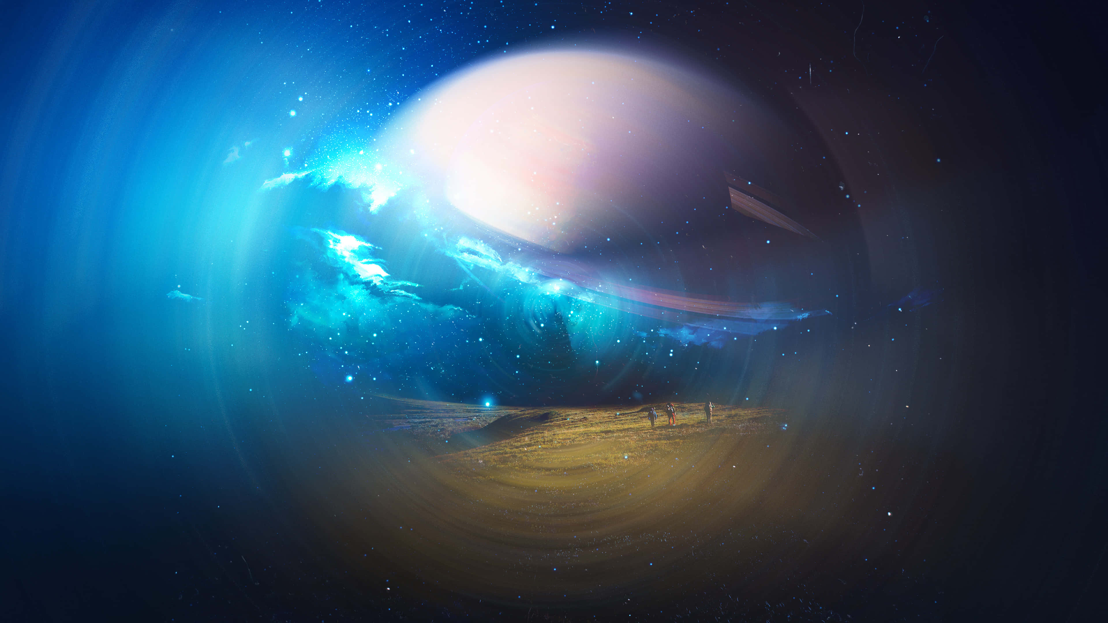 外太空 桌布 壁紙 — 一個宇宙場景，發光的行星和旋轉的星雲在沙漠景觀之上，小小的人物敬畏地站立。